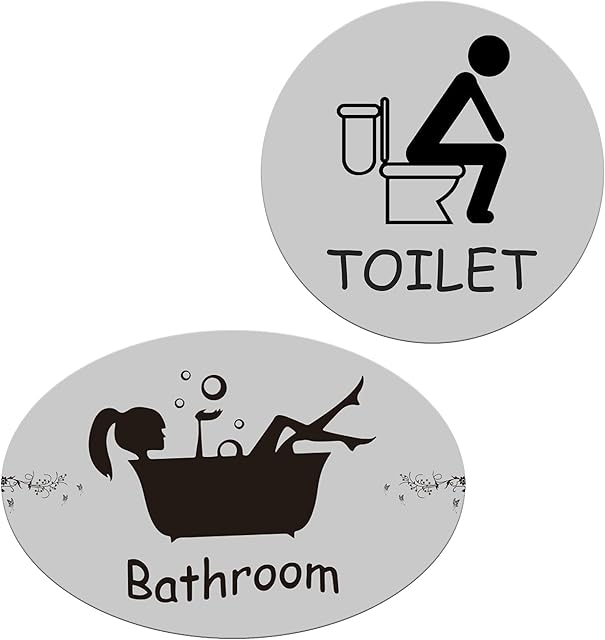 Bathroom &Toilet Sign, Restroom Washroom Sign, Pack of 2 Door Plaques Sign, 0.2 cm Thickness Acrylic with Strong Self-Adhesive Tape for Easy Installation, 1 pcs Bathroom + Toilet