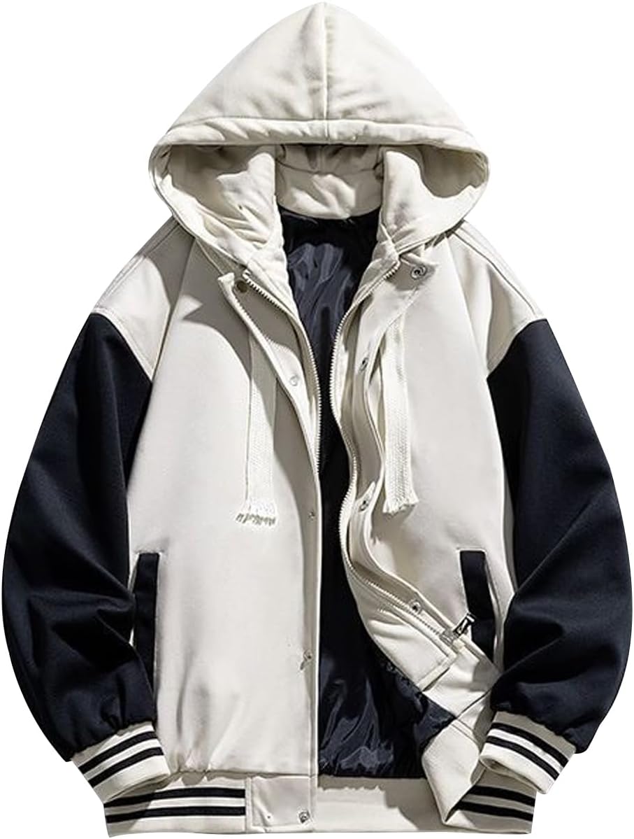 Snoly Men's Varsity Baseball Jackets Hoodie Detachable Hat Sweatshirts Unisex Sport Sweater Bomber Coat