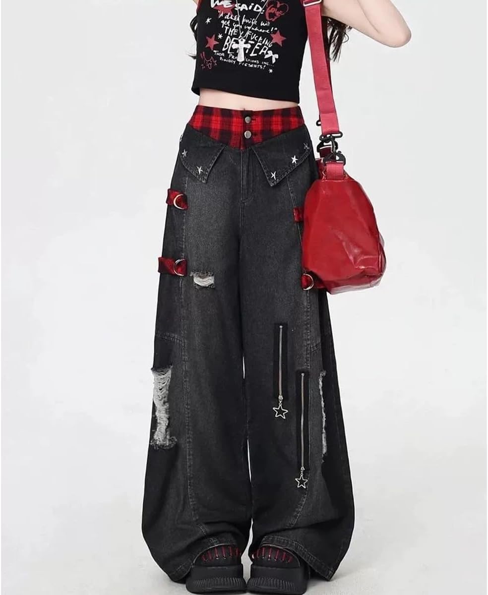 Harajuku Gothic High Waisted Straight Leg Jeans Y2K Casual Ripped Fringe Patchwork Star Zipper Denim Pants - Image 6