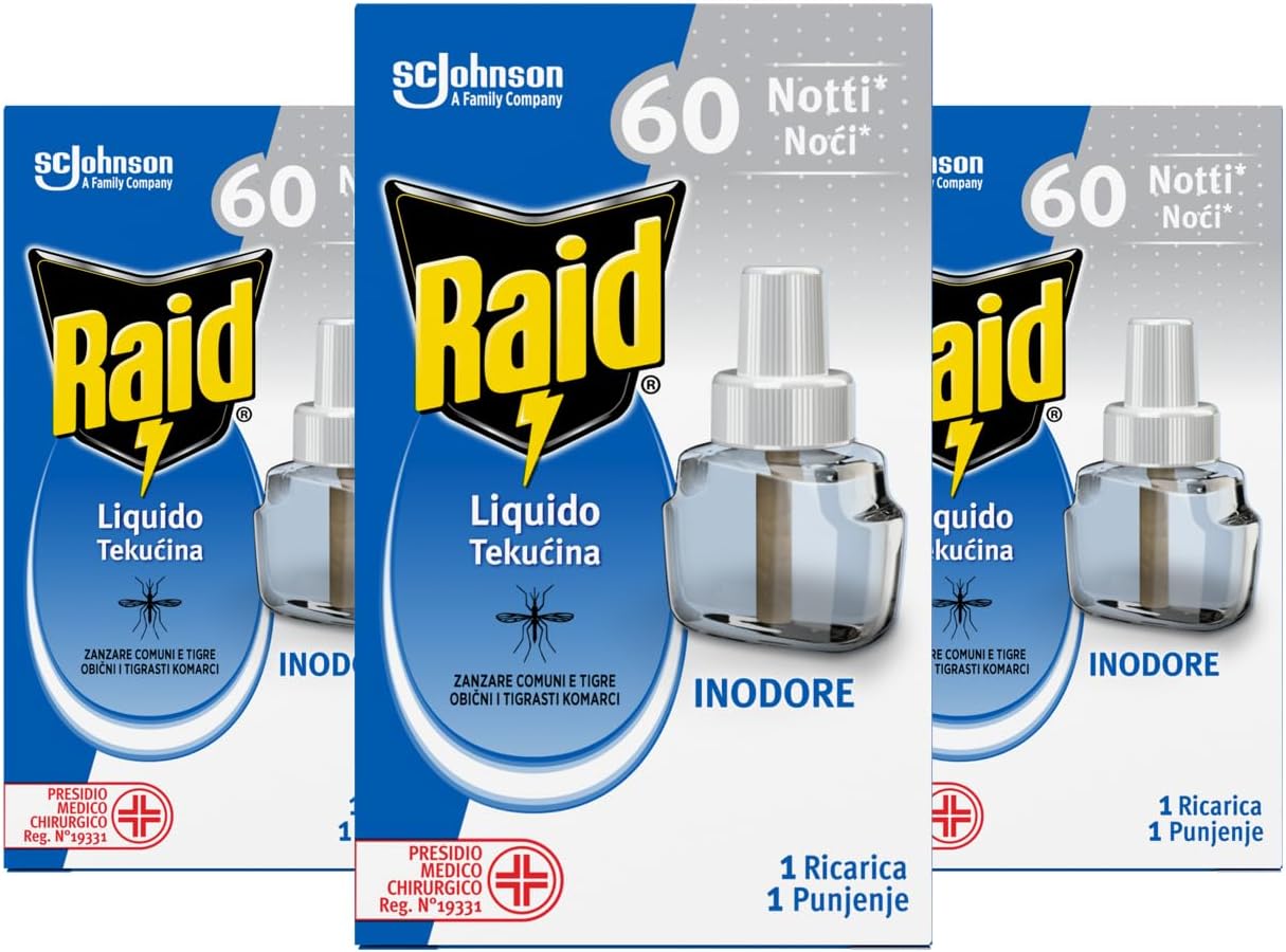 Raid Liquido Elettrico Inodore Antizanzare Contro Zanzare Comuni e Tigre, Confezione da 3 Ricariche 60 Notti