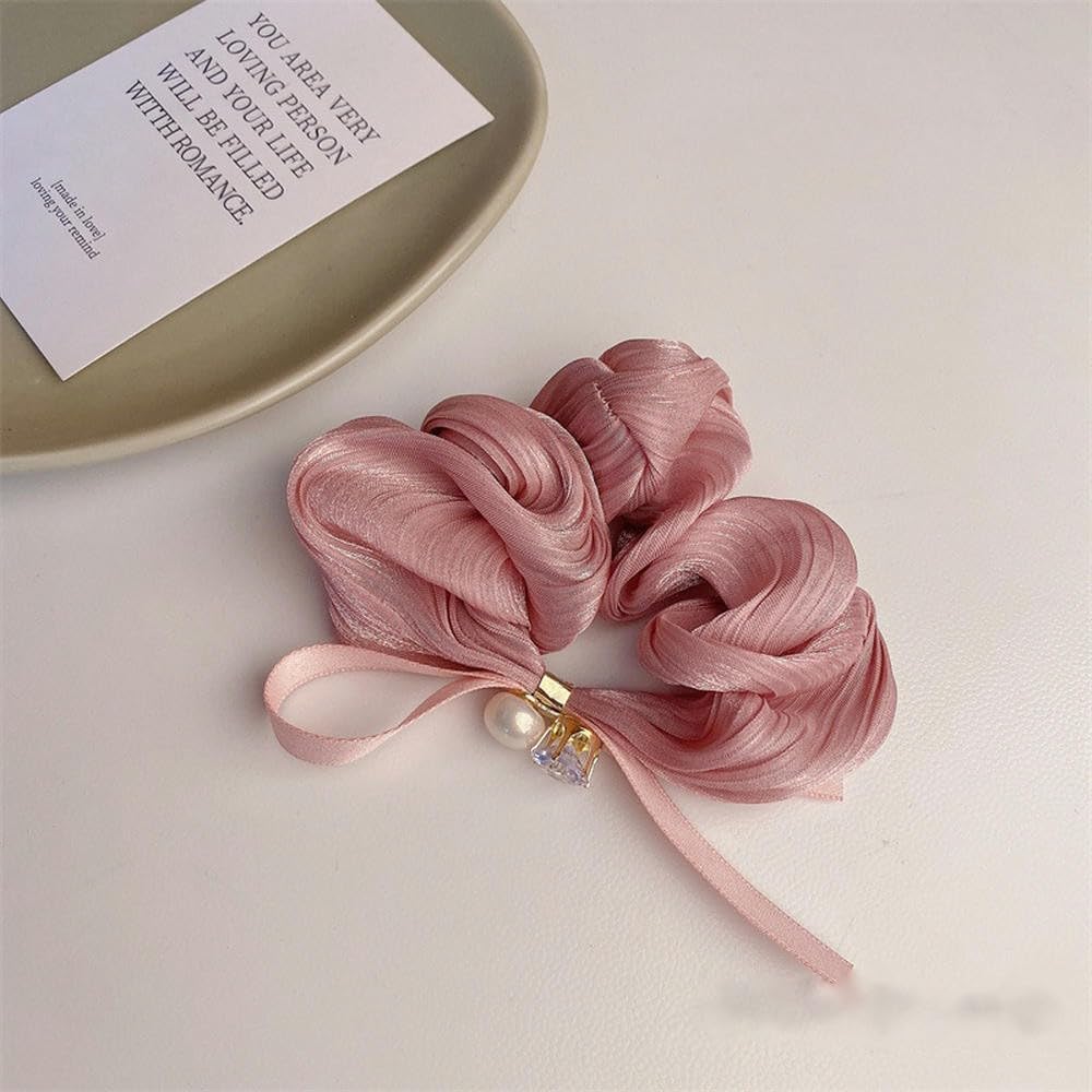 Haargummis, Satin-Haargummis, Seiden-Haargummis, Haarringe für Zöpfe, 4 Stück, Haargummi, Haargummi, Damen, Rosa, Blume, Perlen, hoher Pferdeschwanz