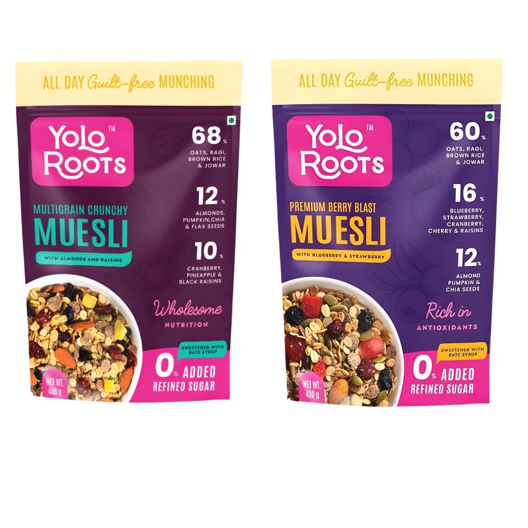 Yolo Roots Multigrain Crunchy Muesli 400g & Berry Blast Muesli 400g Combo, No Added Sugar, High Fiber Breakfast Cereal with Oats, Healthy Snack & Energy Food (Pack Of 2)