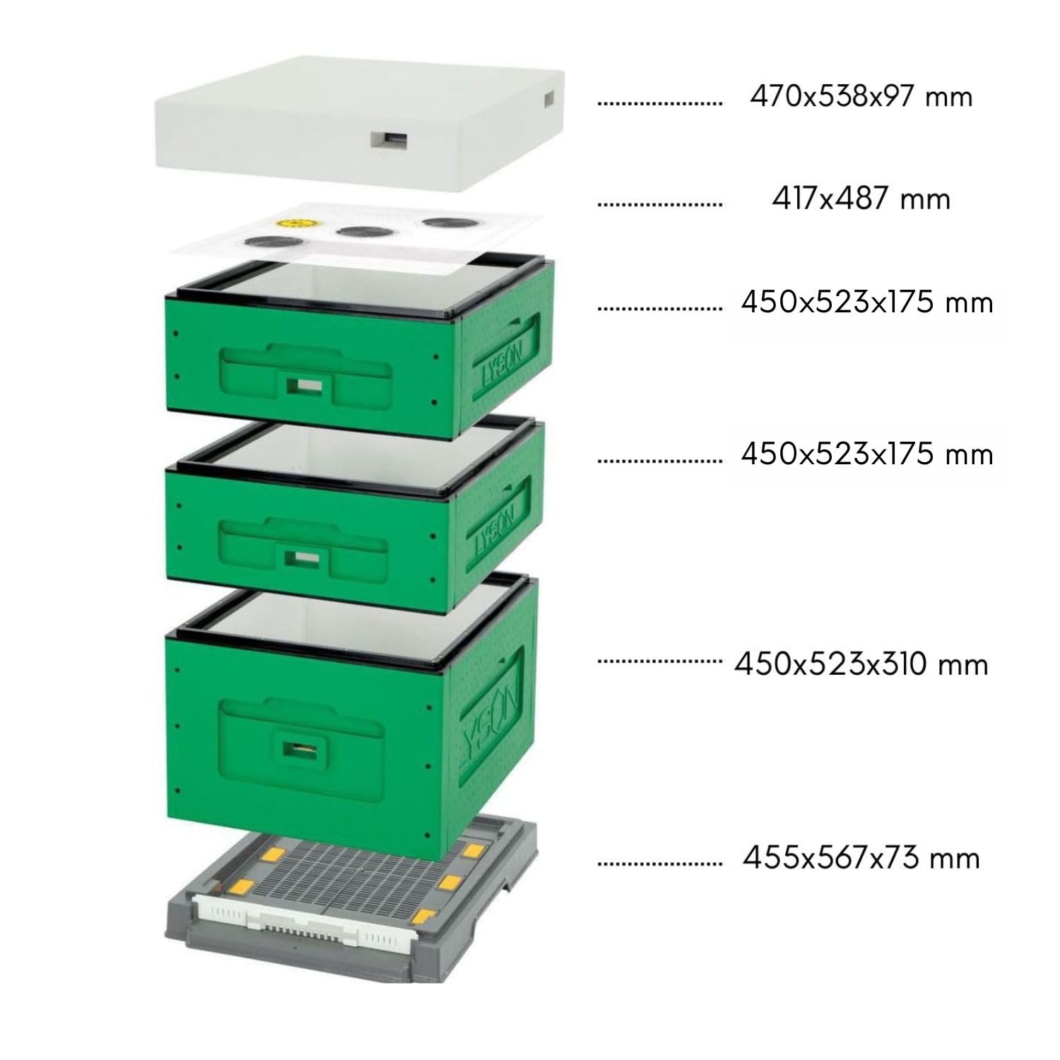 LYSON Bienenbeute Styropor Dadantbeute Dadant Blatt Beute OPTIMA Bienenstock-Set mit niedrigem Varroa-Kunststoffboden (GRÜN-GRAU) für die Selbstmontage (Passende Rahmen:47×43,5x30cm;47×43,5x15,9cm)