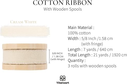 Miniatura 2 de Vitalizart 3 rollos de cinta de algodón natural con flecos hechos a mano de 58 pulgadas x 21 yardas, color blanco crema, cintas ecológicas para