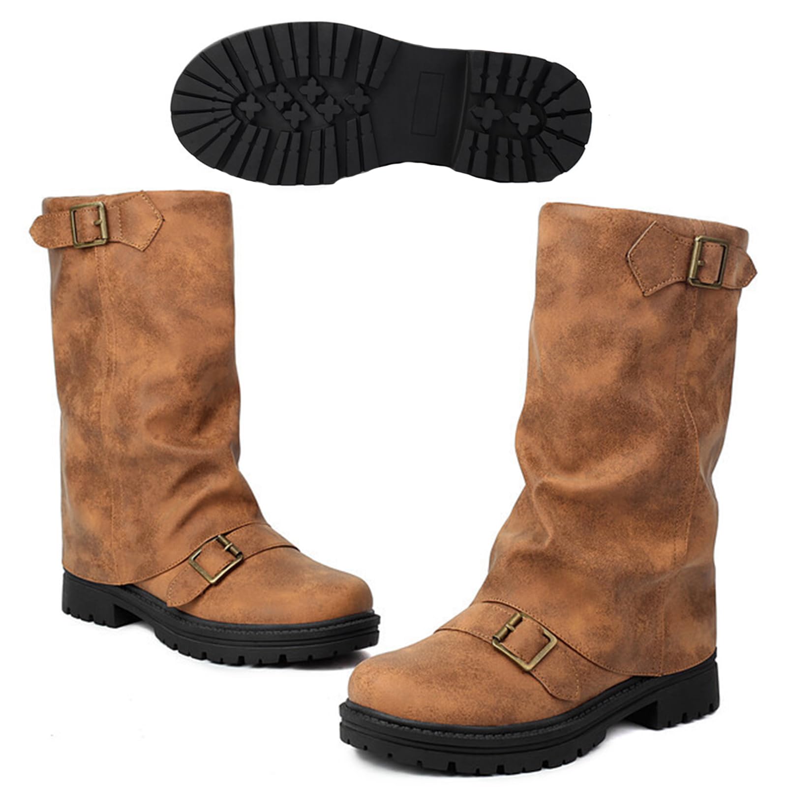 ZLNMLD Women's Leather Slouchy platform Buckle Mid-Calf Boots Comfort Wide Round Toe Slip On lug sole Motorcycle Combat Boots