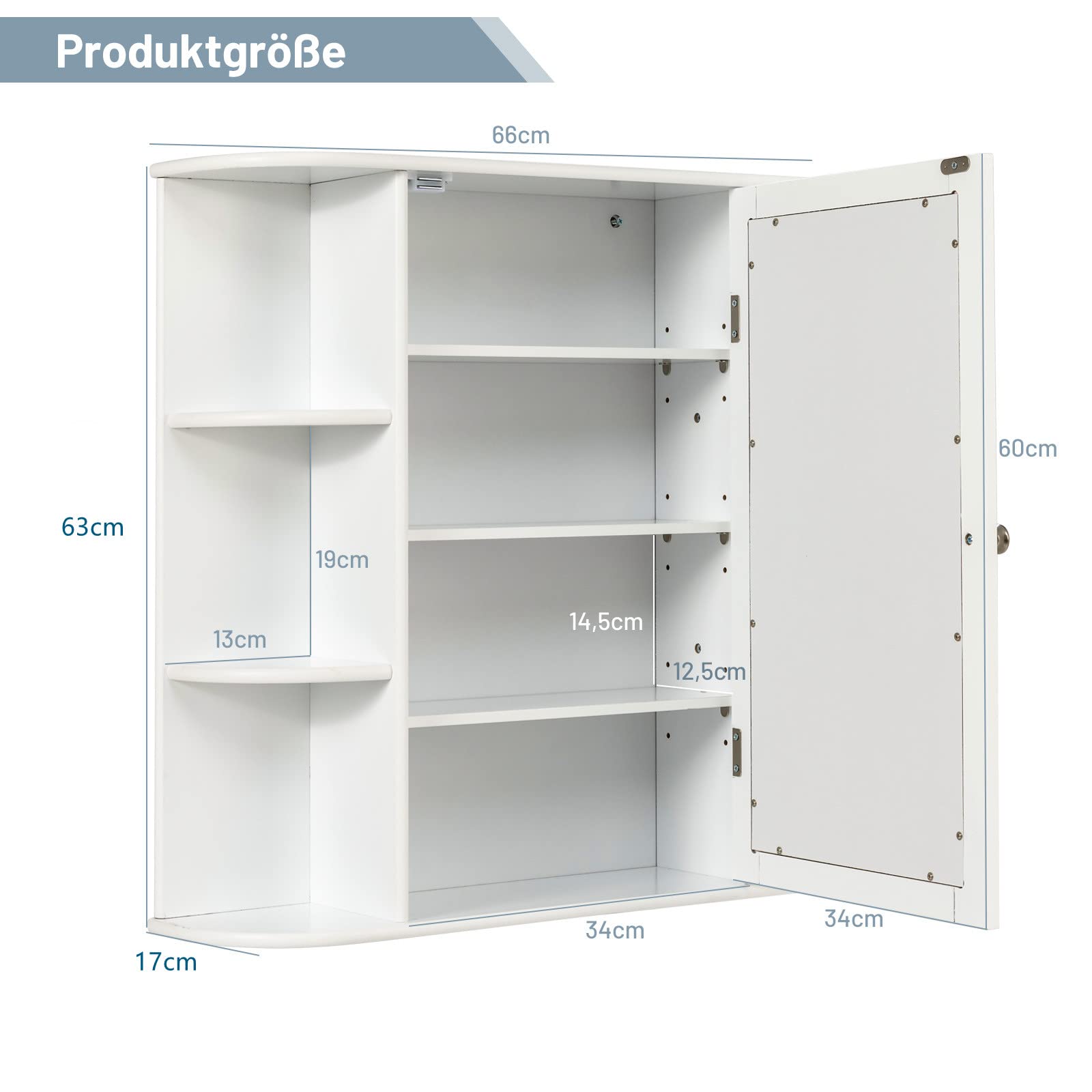 COSTWAY Wisząca Szafka Łazienkowa z Lustrem, 4 Zamykane Półki i 6 Otwartych, Drewniana, 66 x 17 x 63 cm, Biała – Duża Przestrzeń i Nowoczesny Design