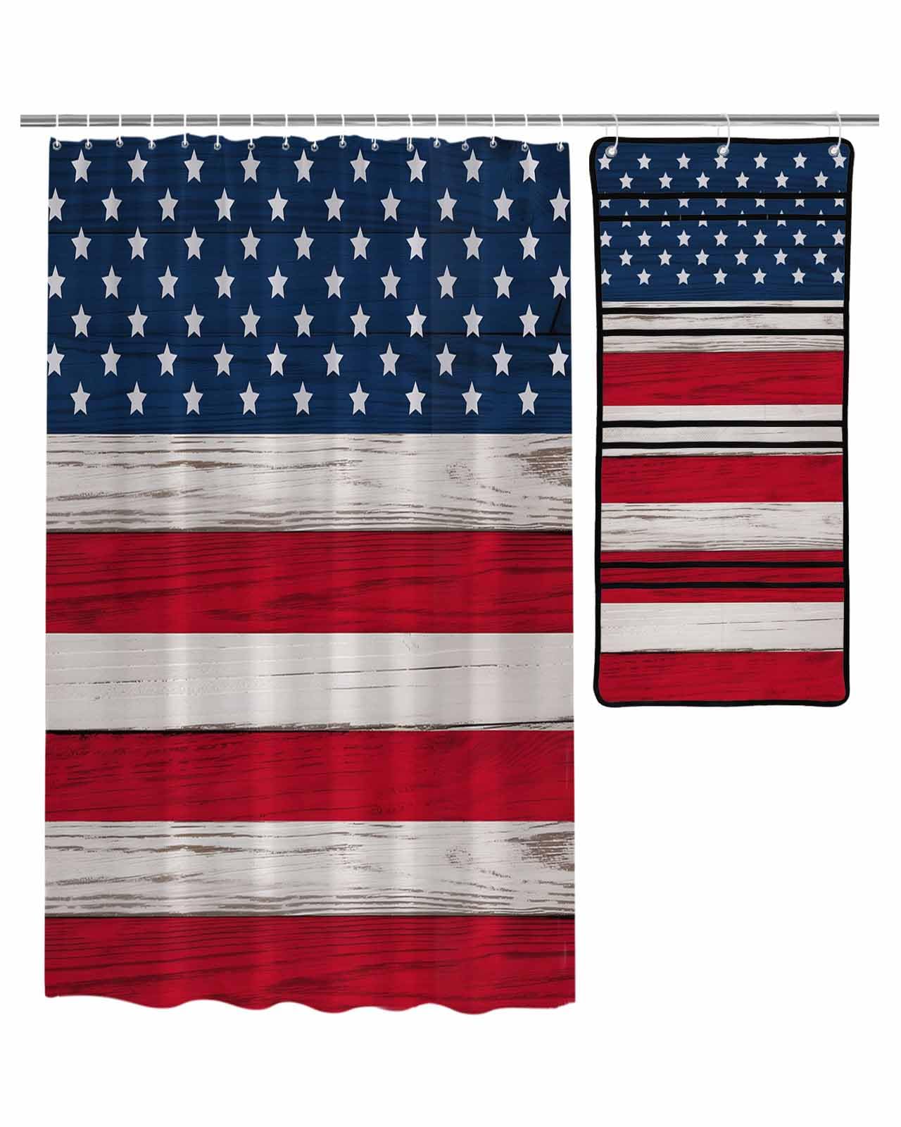 TocaHome Decorative Shower Curtain Sets Independence Day USA Flag Wooden Grain Polyester Fabric Waterproof Bath Shower Curtains Mesh