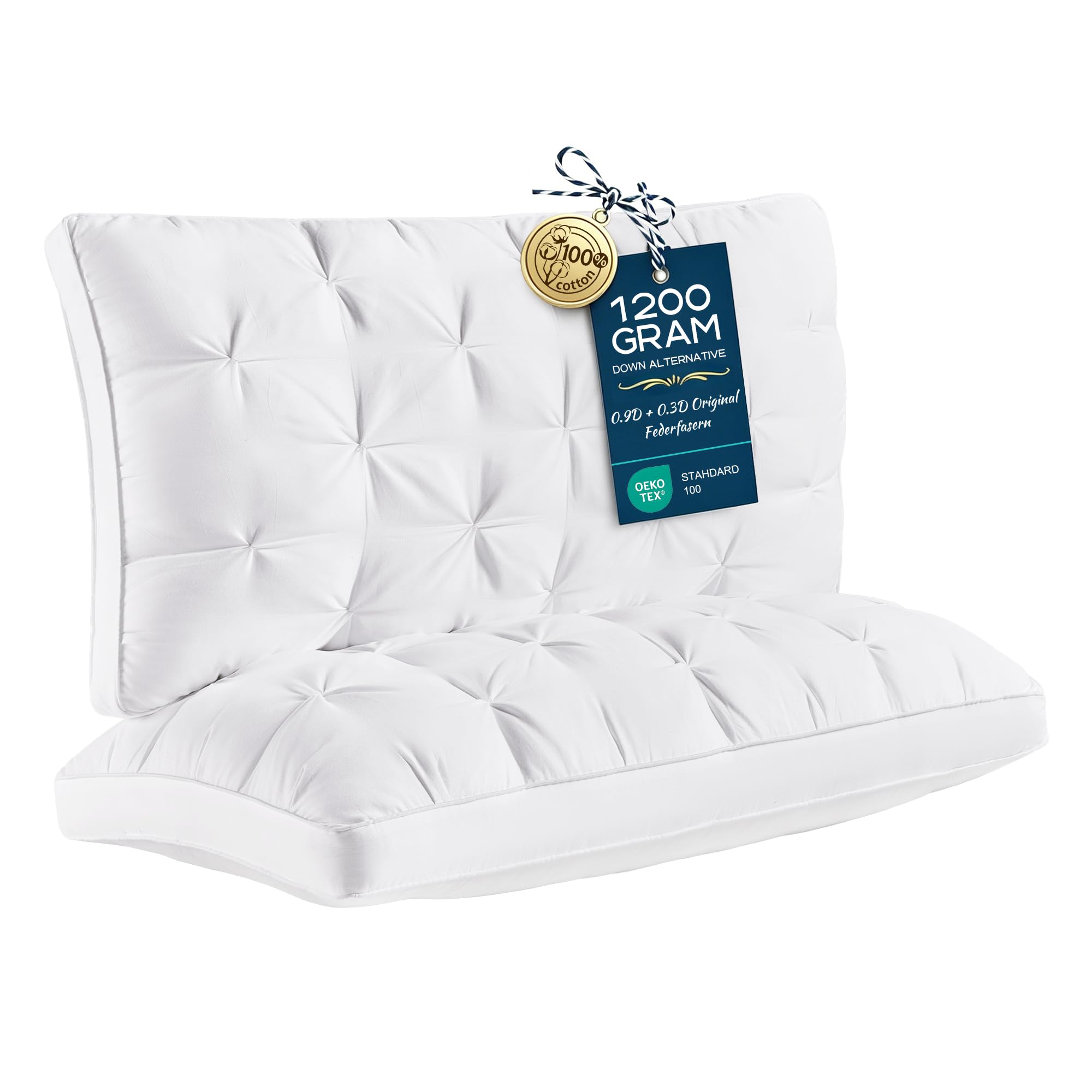 Waxberry 2er Set Premium Kissen 40x80 cm, Dickes Kopfkissen & Schlafkissen mit 1200g Füllmenge pro Stück, Kissenbezug aus 100% Baumwolle, atmungsaktives Bettkissen, Oeko-TEX Zertifiziert Weiß Kissen