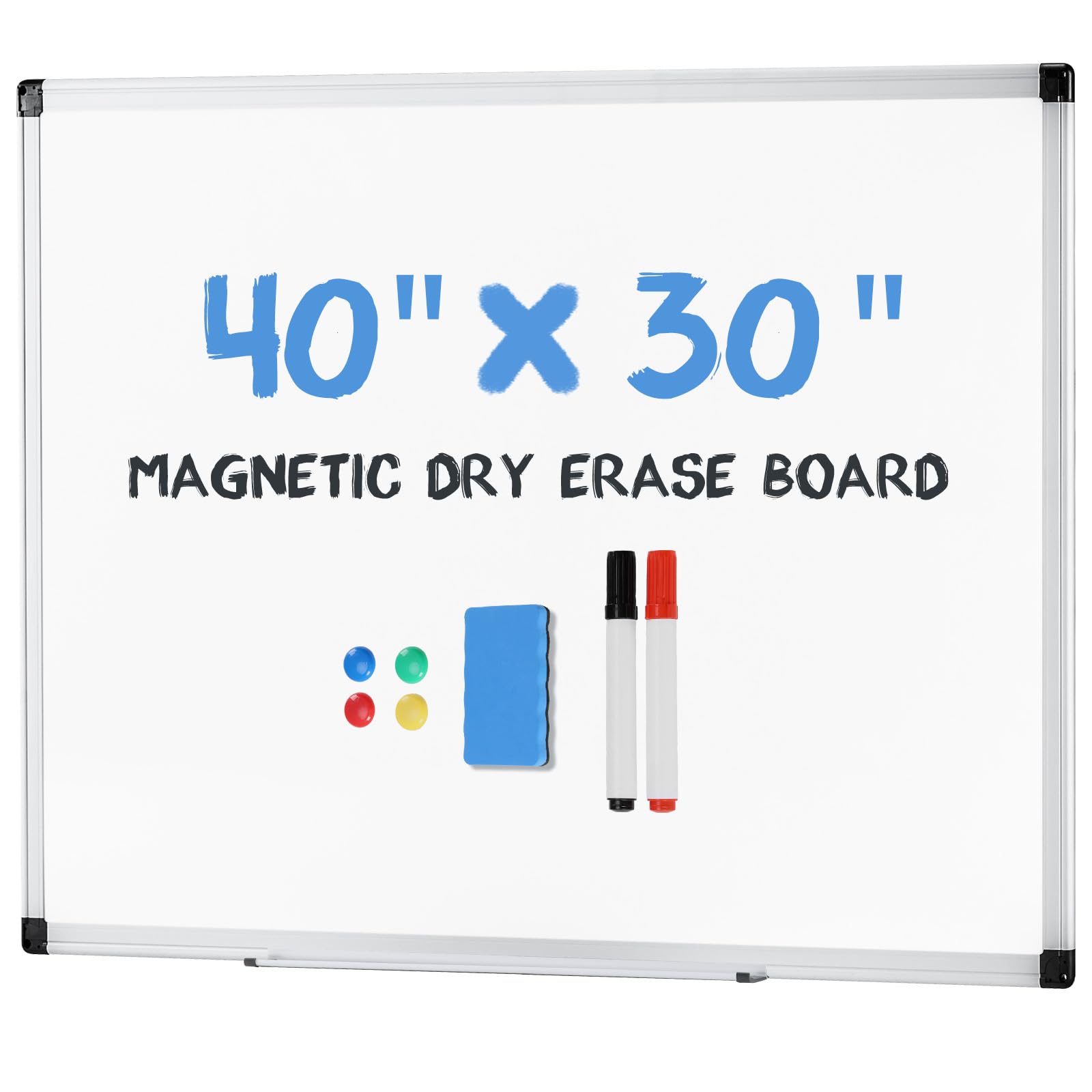 Photo 1 of **HAS DENT ACROSS CENTER**DUMOS Magnetic White Board Kit for Wall 40" x 30", Dry Erase Board with 1 Dry Eraser & 2 Multicolor Markers & 4 Magnetic Pins, Silver Reinforced Aluminum Frame for Home, School, Office