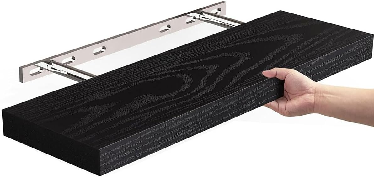 Liu Ying Floating Shelf for Wall - Eco-Friendly Decorative Wooden Wall Mounting Rack, 16 Inches for Bathroom Bookshelf, Kitchen Shelf, and Small Space Bookshelf (Set of 1 in Brown/White/Black) (black)