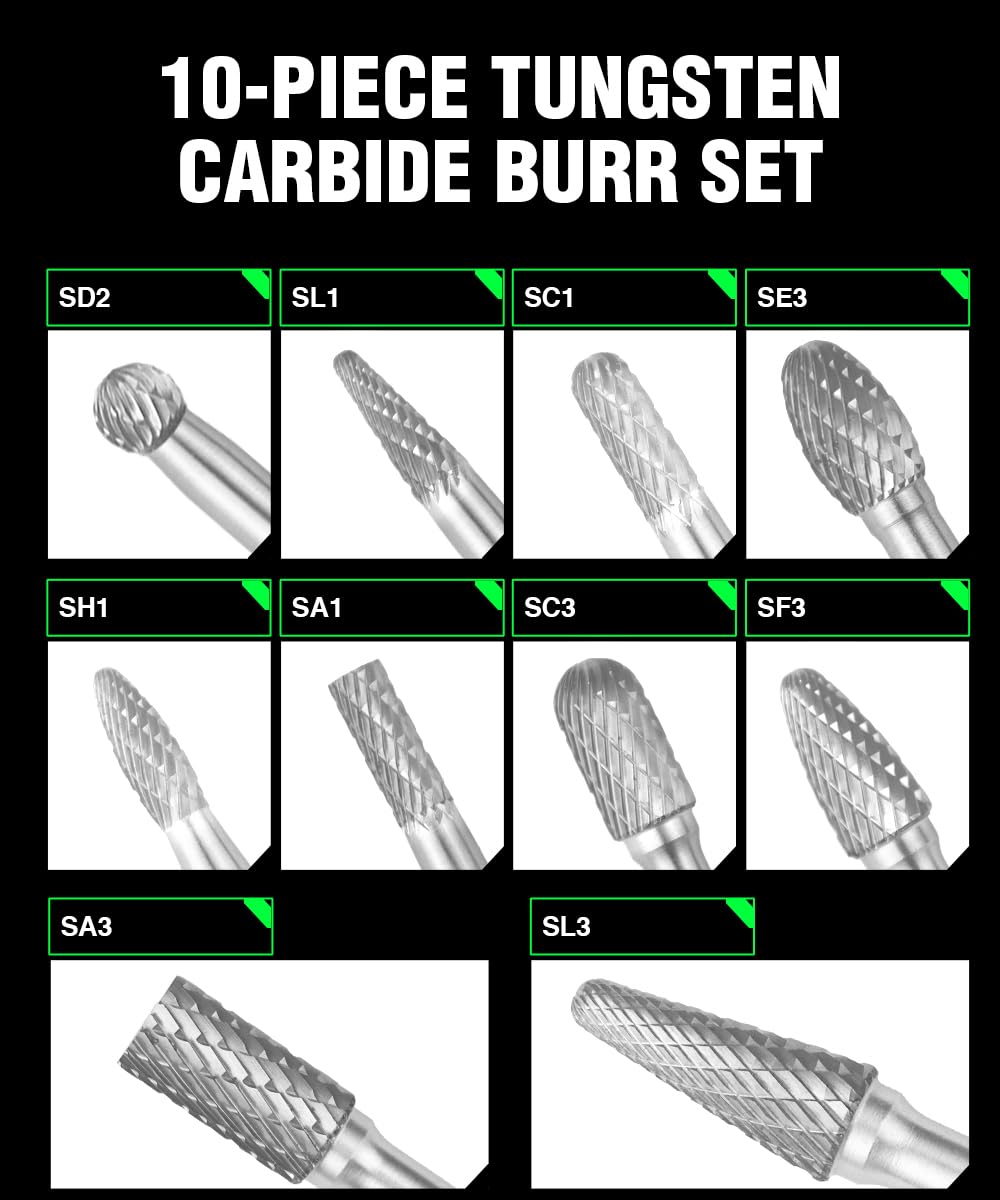 Carbide Burr Bits 10-Pc Double Cut 1/4" (6.35mm) Die Grinder Set — Amazon image 4