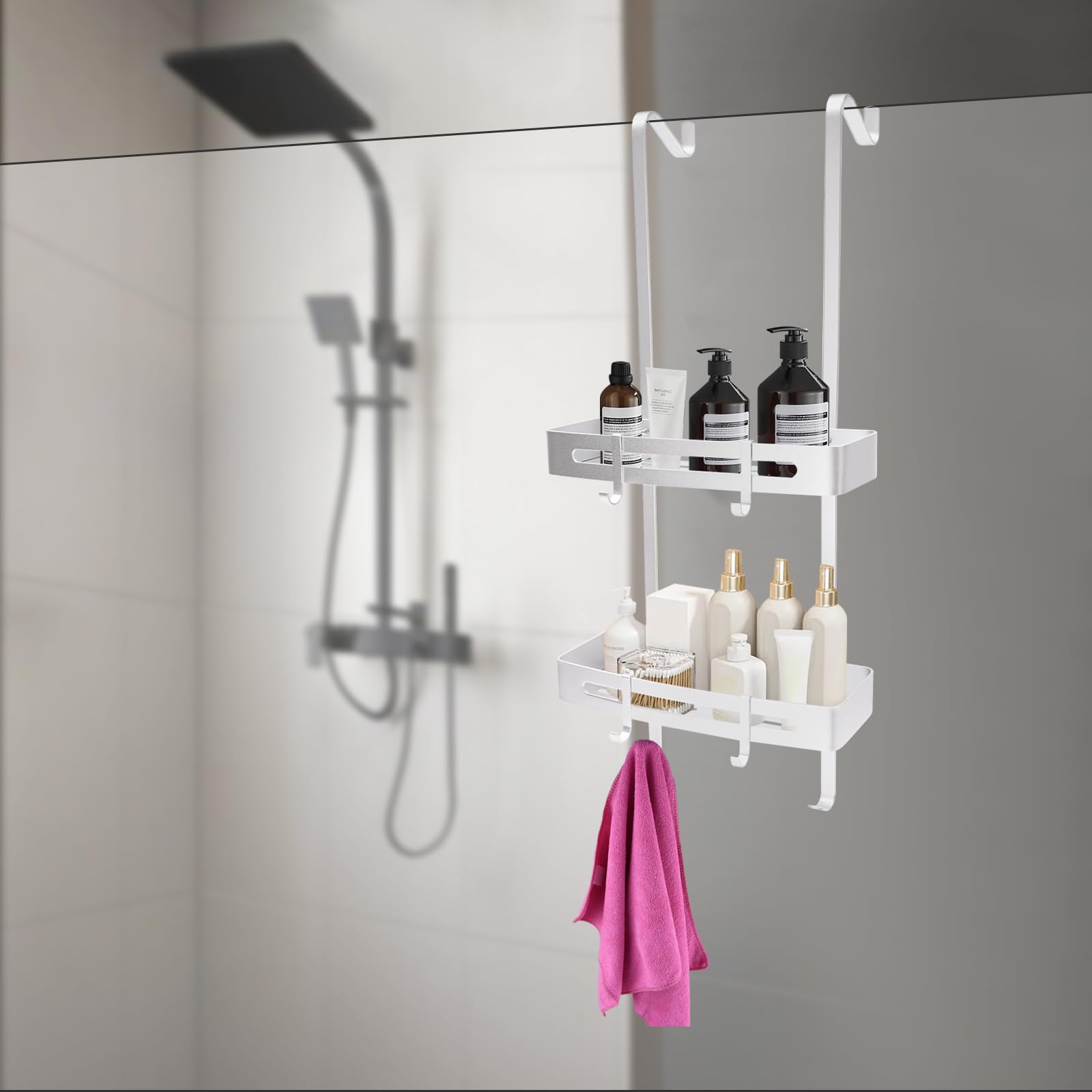 Estante de ducha para colgar de 2 niveles, estante de ducha para baño, champú, cesta de ducha, estante para colgar con 4 ganchos móviles, 32,5 x 12,5 x 73 cm, color plateado
