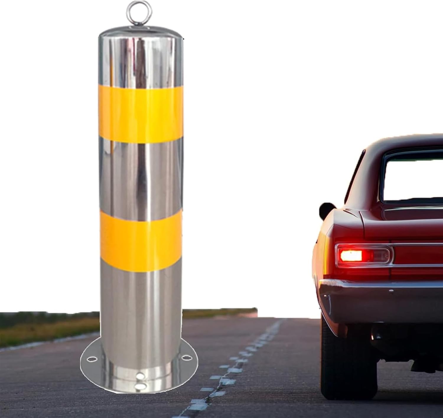 Driveway Parking Barrier Cones Stainless Steel Security Bollards with Hanging Ring 114mm Wide Concrete-Installed