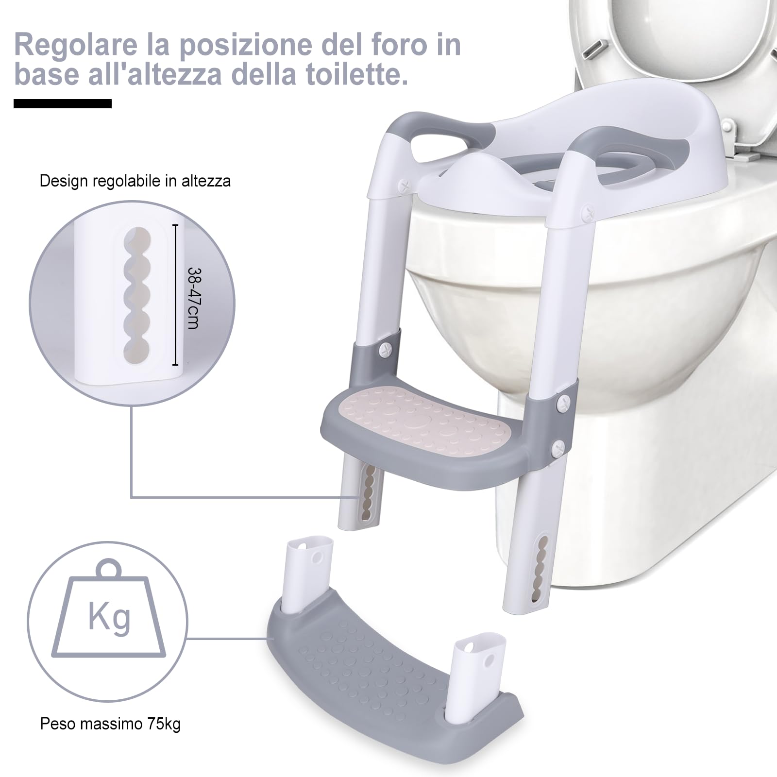 DEANIC Riduttore WC Bambini con Scaletta, Riduttore Water Bambini, Adattatore wc per Bambini Cuscino morbido PU, Applicabile All'altezza Della Toilette 38-47cm Grigio