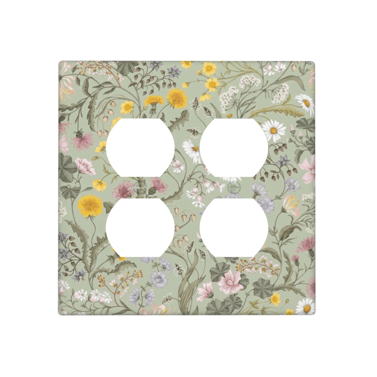 JDAKHD Decorative Outlet Covers Sage Green Wildflower Daisy Floral 2 Gang Wall Plate Double Duplex Receptacle Vintage Floral Light Switch Covers Switch Plate Cover for Neutral Botanical Decor