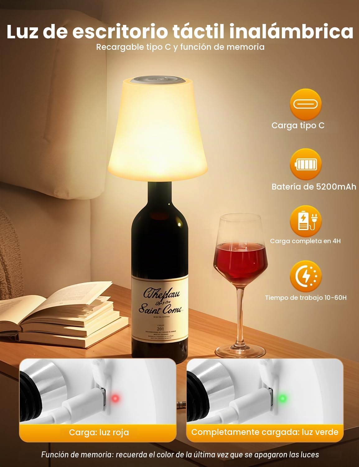 2 Piezas Lámparas para Botella Sin Cable, Lampara LED de Mesa Inalambrica con 3 Temperaturas Color+RGB, Brillo Regulable Recargable USB-C, IP54 Impermeable para Restaurante (Sin incluir Botellas)