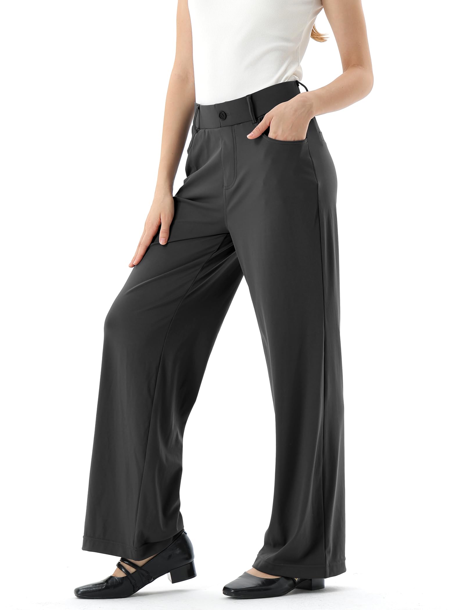 Womens Work Dress Pants Business Straight Leg Stretch Pants Pull On Slim-fit Casual Slacks with 4 Pockets