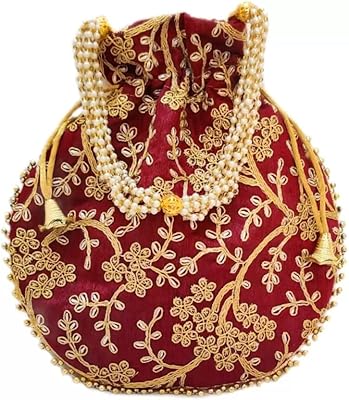 Eyesart Fashion Potli Bag For Women Ethnic Designer Embroidery Work Batwa Pearls Handle With Intricate Gold Thread & Sequin (H*L:9 * 9.5(Inch),(23x24(CM) (Maroon)