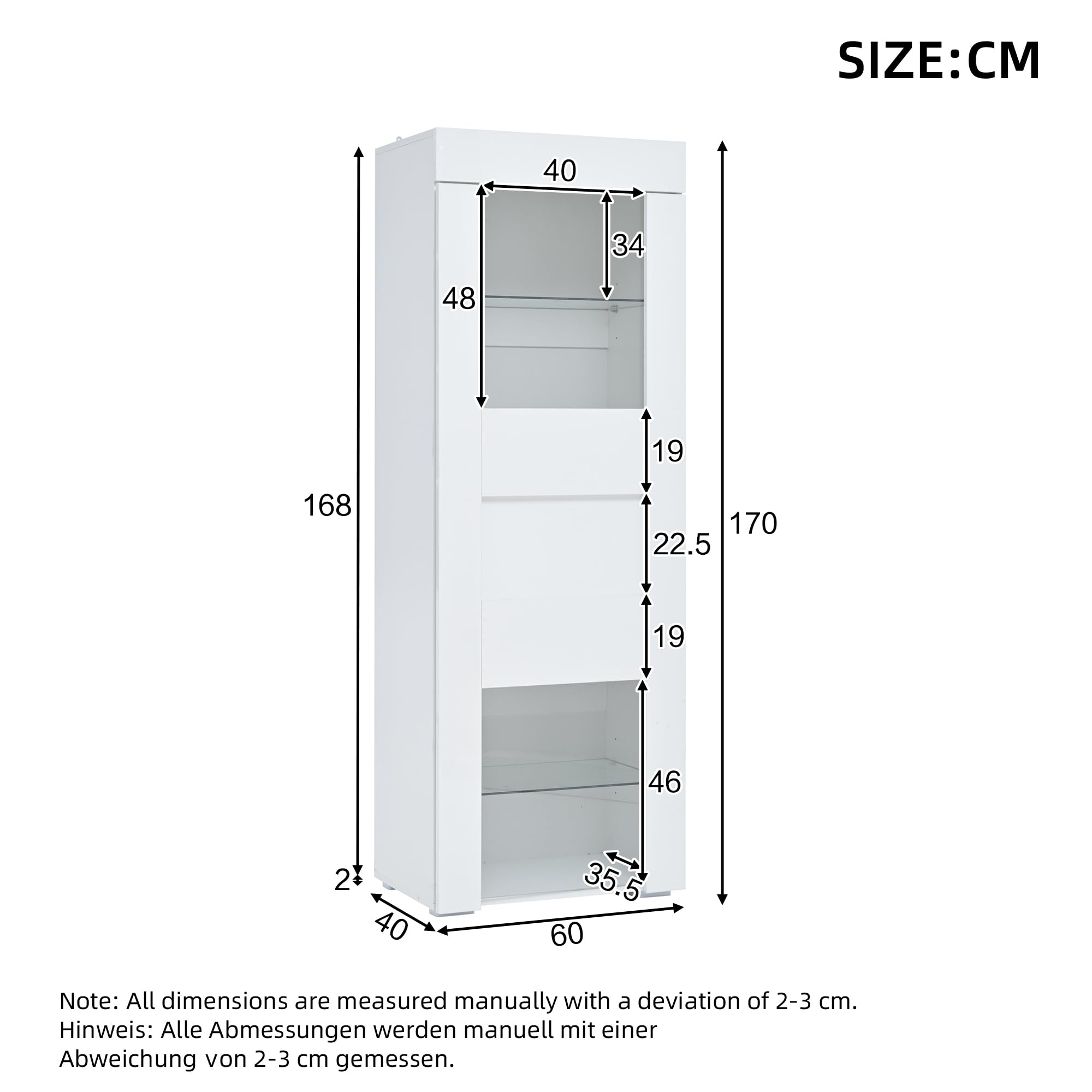 Armario, vitrina de puerta de armario de acrílico, armario de almacenamiento brillante con iluminación LED, 2 estantes de cristal, tablero alto, armario de salón, armario alto, armario de sofá, color