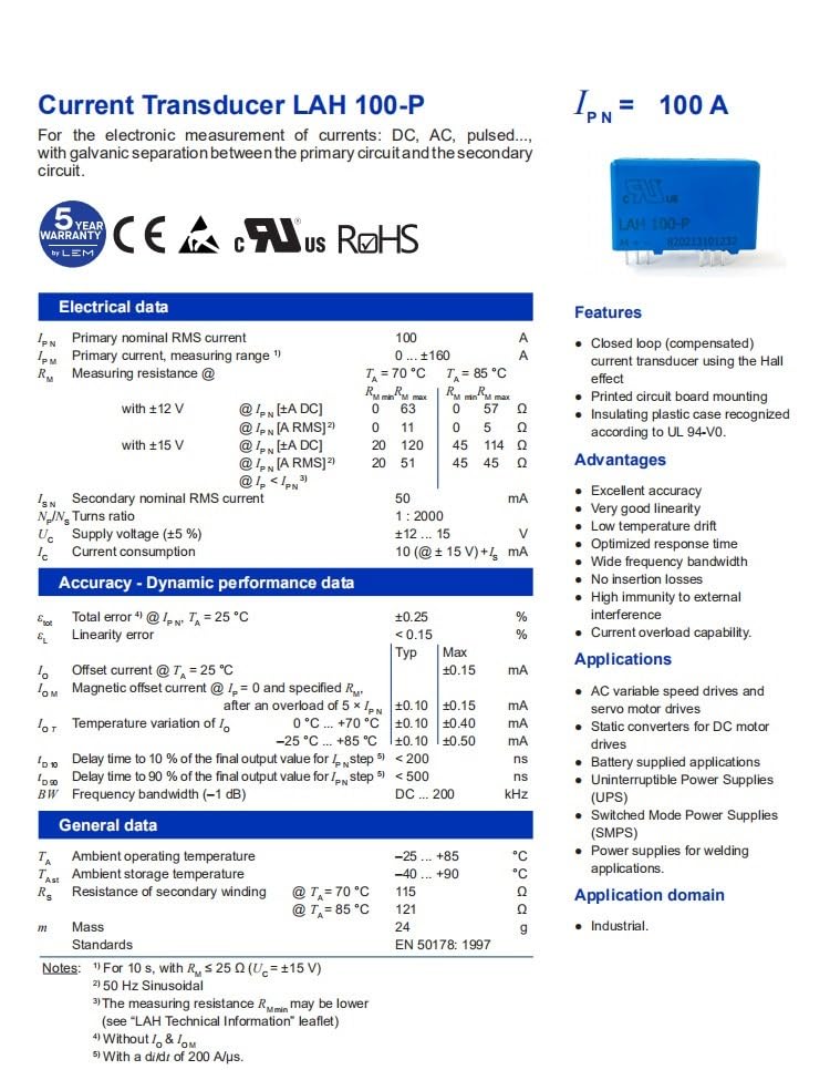 Sensor de corriente LAH100-P transductor de efecto Hall cerrado 5