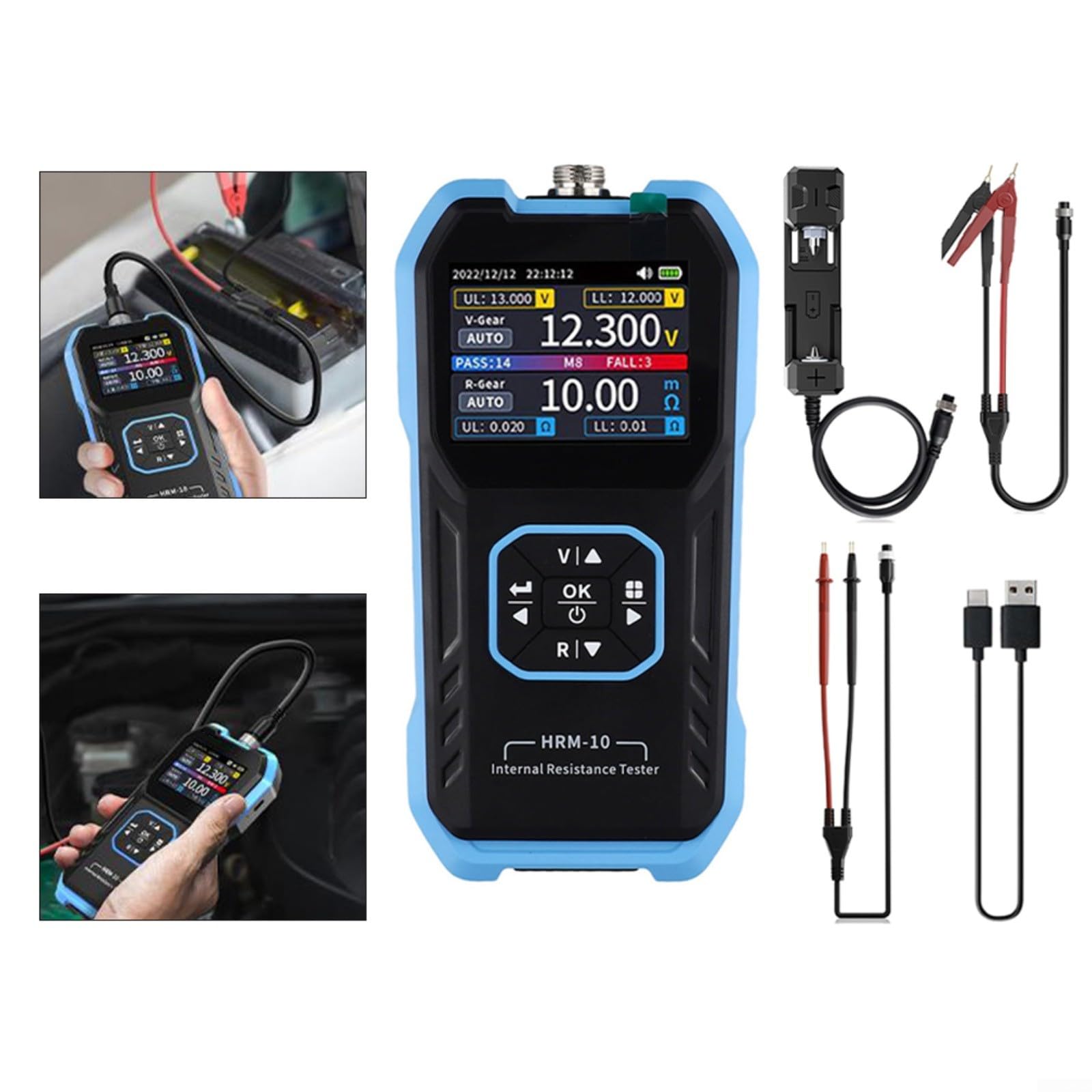 HRM-10 Misuratore di resistenza interna per batterie al litio, tester di tensione 0-100 V con misurazione Kelvin a 4 fili, display a colori TFT, funzione di smistamento, ricarica USB-C, 1000