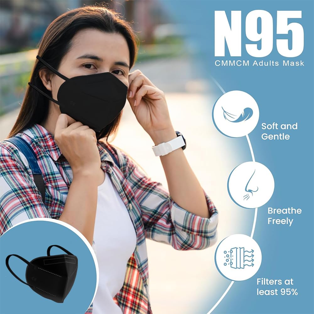 Yugan Non Woven fabric Premium FFP2 N95 Mask with Adjustable Nose Clip for Men & Women, Reusable Mask, Anti Pollution Mask, CE Approved, Advanced Filtration, Black Colour (Pack of 5) - Image 5 thumbnail