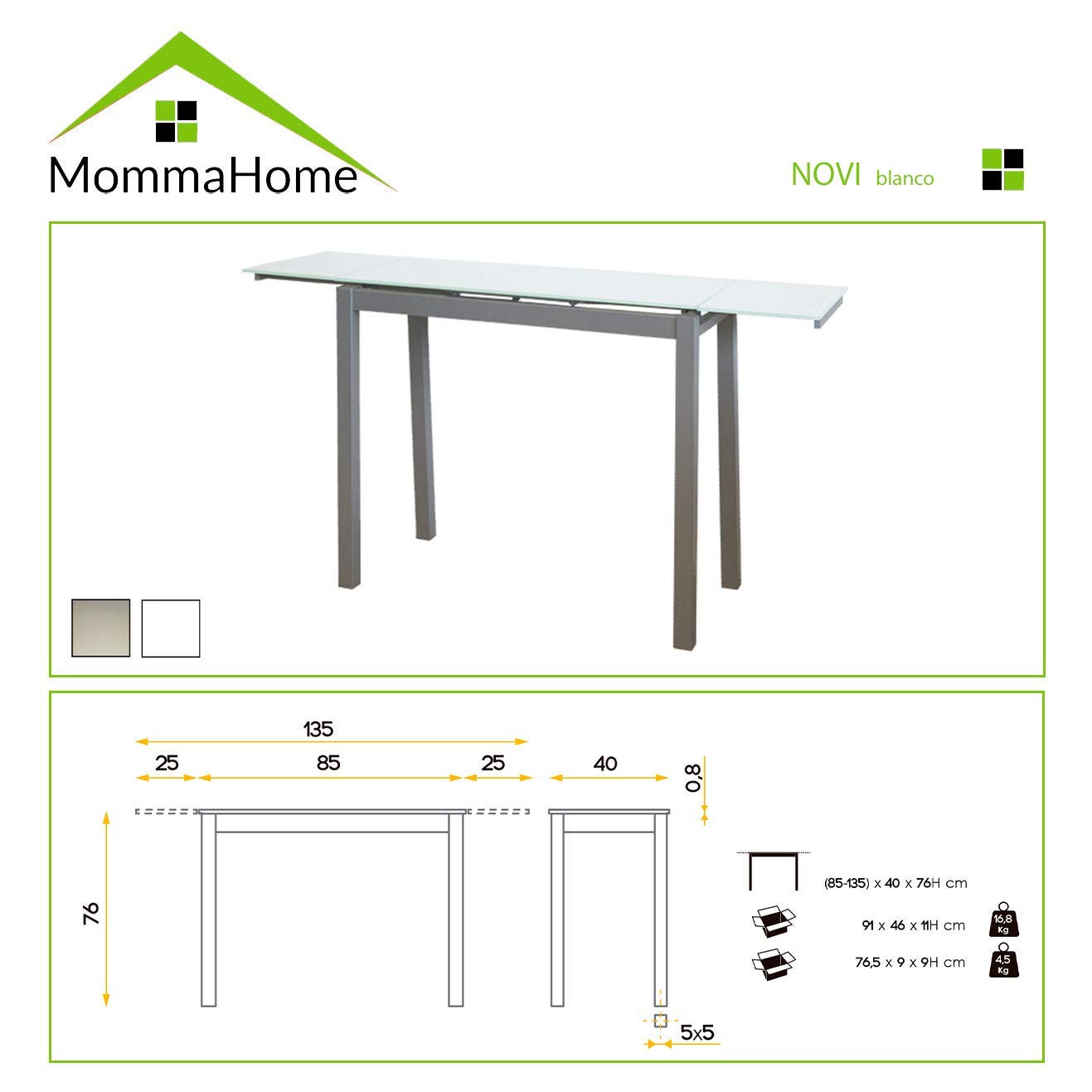 MOMMA HOME Mesa Cocina Cristal Extensible - Mesa Comedor, Mesa Plegable, Color Blanco/Plata, Novi, Vidrio Templado/Metal, Medidas 85/130x40x76 cm