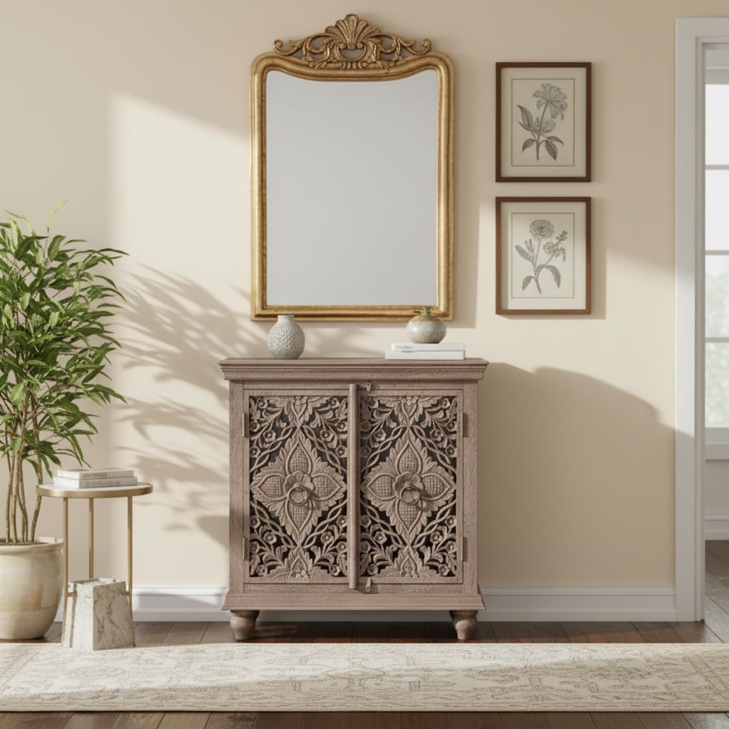 Generic Handcrafted Wooden Storage Cabinet, Natural Mango, Carved Mandala Design, Double Door Sideboard with Geometric Panel, Modern Style, 90x40x93 cm-image-35