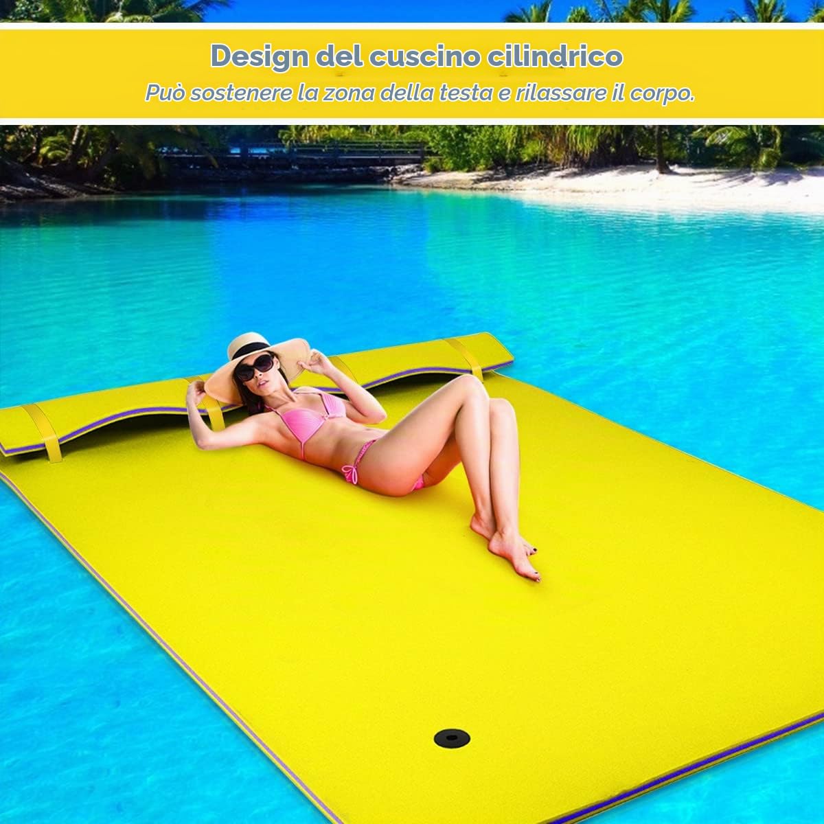 COSTWAY Tappeto Galleggiante per Piscina e Mare, 270 x 180 cm, Materassino Galleggiante in Schiuma per Rilassarsi e Divertirsi, Con Cuscino per la Testa (Giallo 270 x 180 cm)