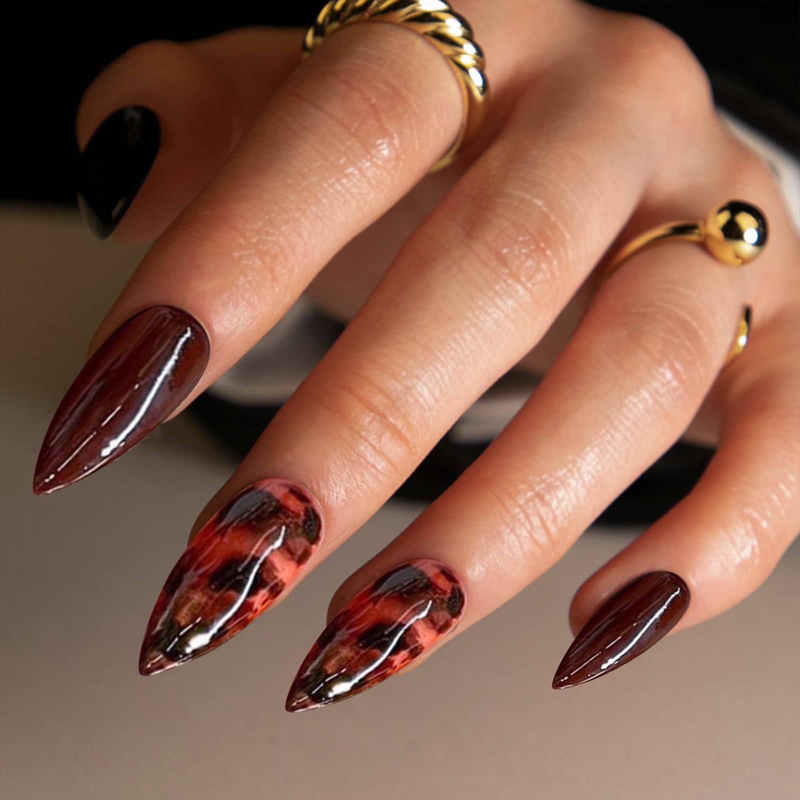 GlamRays 24 sztuki Brown Press on Nails Leo średni mandaryński sztuczne paznokcie nadruk lampart paznokcie jesień klejone paznokcie akrylowe Stiletto sztuczne paznokcie
