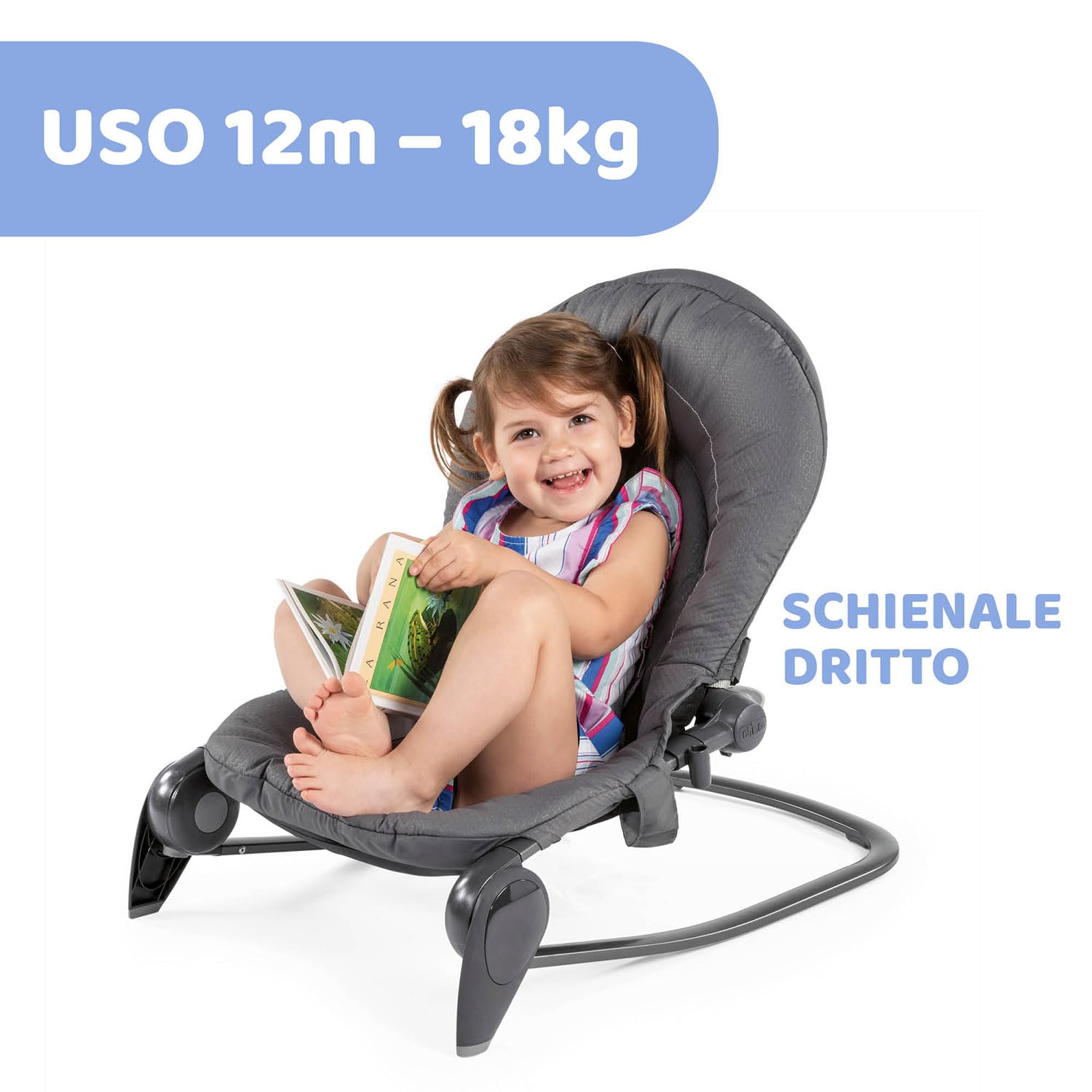 Chicco Hooplà Sdraietta Neonati e Bambini da 0 Mesi a 18 kg, Funzioni Dondolo e Poltroncina, con Barra Gioco, Schienale Regolabile e Cuscino Riduttore, Chiusura Compatta, Grigio scuro
