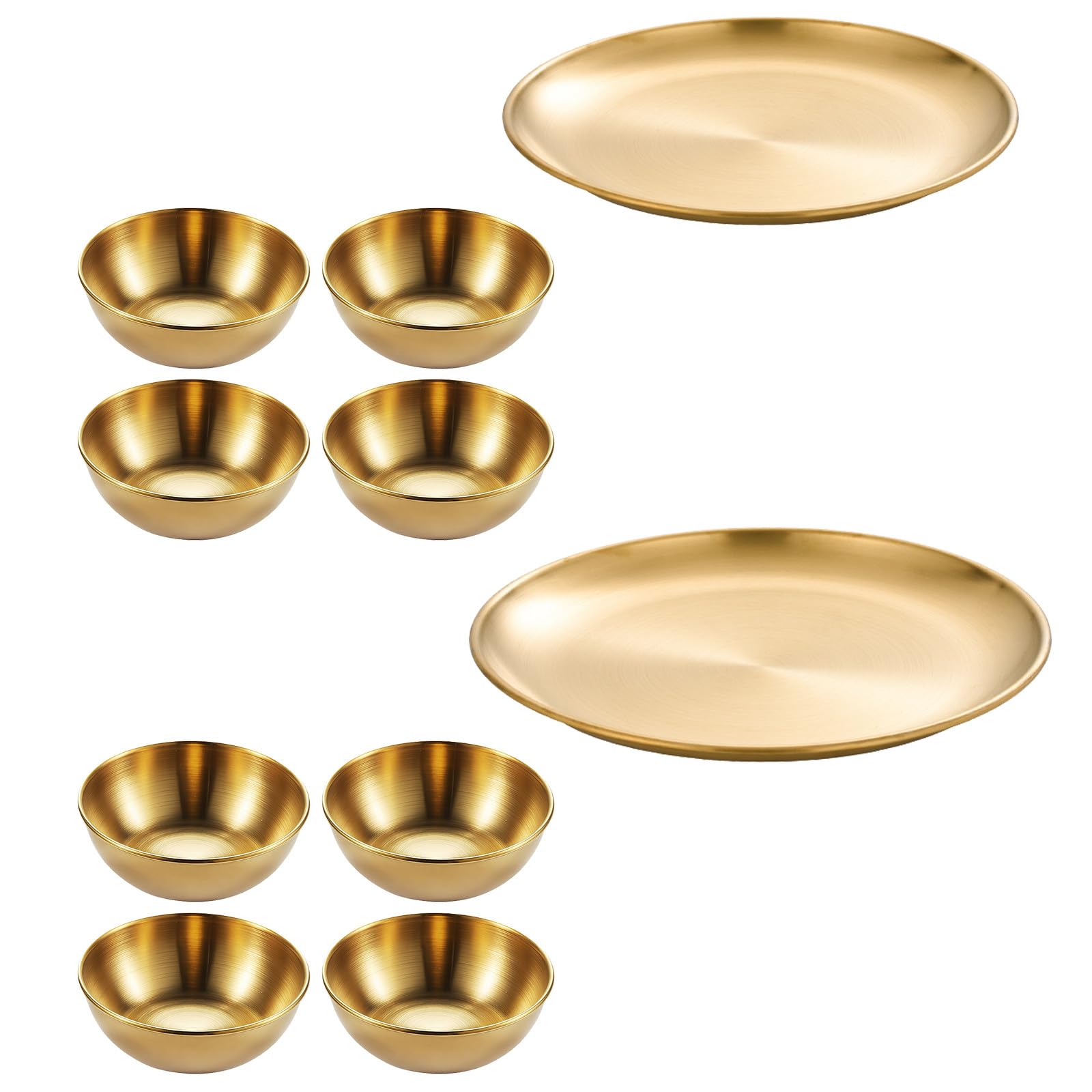 Operitacx 1 juego de vajilla dorada: platos llanos de acero inoxidable de 23 cm y 25 cm y cuencos de 7,5 cm - Vajilla de metal con acabado dorado cepillado para buffet, barbacoa, ensaladas, aperitivos