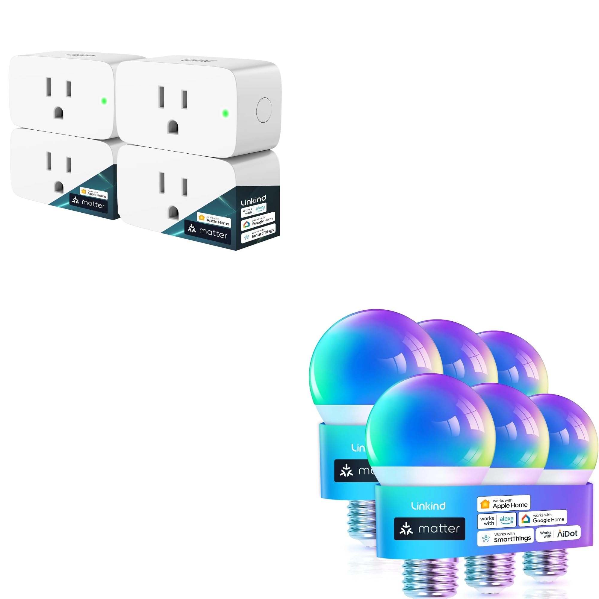 Linkind Matter Smart Plug 4 Pack Bundle with Linkind Matter Smart Light Bulbs 6 Pack Work with Apple
