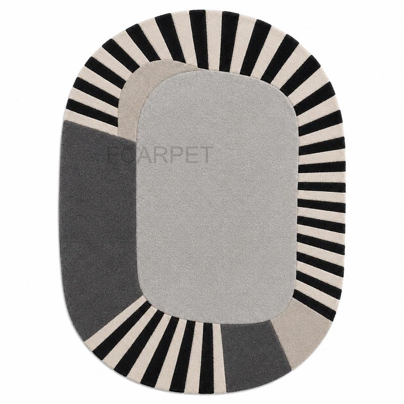 Image of Oval Carpet with Geometric Stripe Border Luxury Wool (Multicolor 6 x 8 feet)