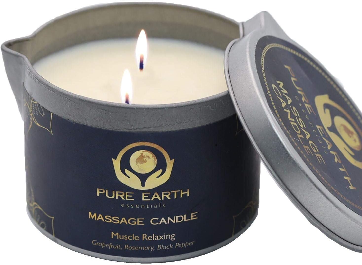 Muscle Relaxing Massage Candle - Melts to Silky Oil, No Waxy Residue - Moisturizing Scented Massage Oil Candles (160 Grams) - with Grapefruit, Rosemary, Black Pepper - by Pure Earth Essentials