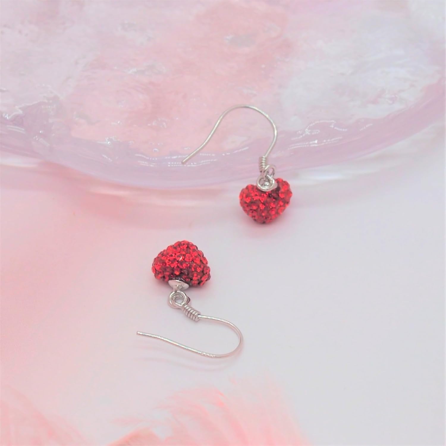 Red Crystal Love Heart Drop Earrings for Women, 925 Sterling Silver Fashion Dangle Earring Hypoallergenic Hook Earrings