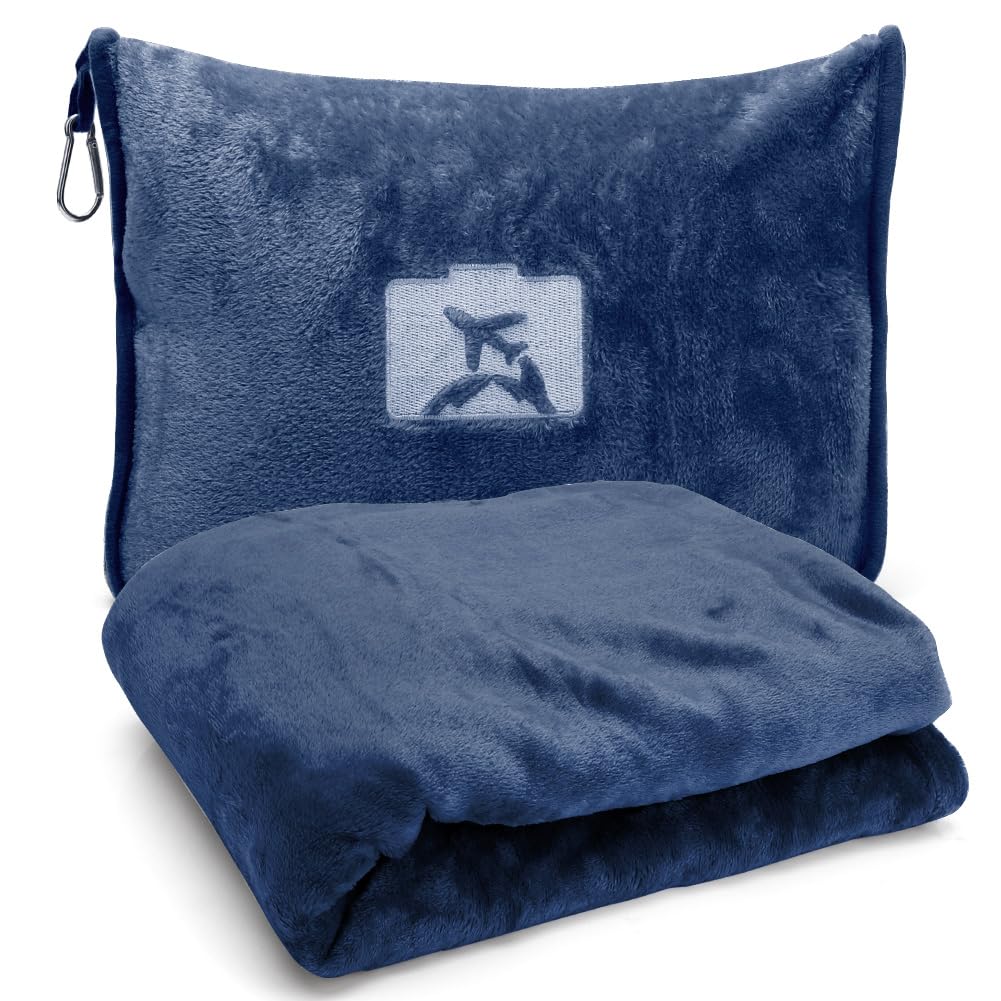 Manta de viaje, 127 x 152 cm, suave manta de avión, manta de viaje, ultraligera, cálida, cojín transformable, cojín compacto, manta de avión para vacaciones, oficina, hogar y viajes de