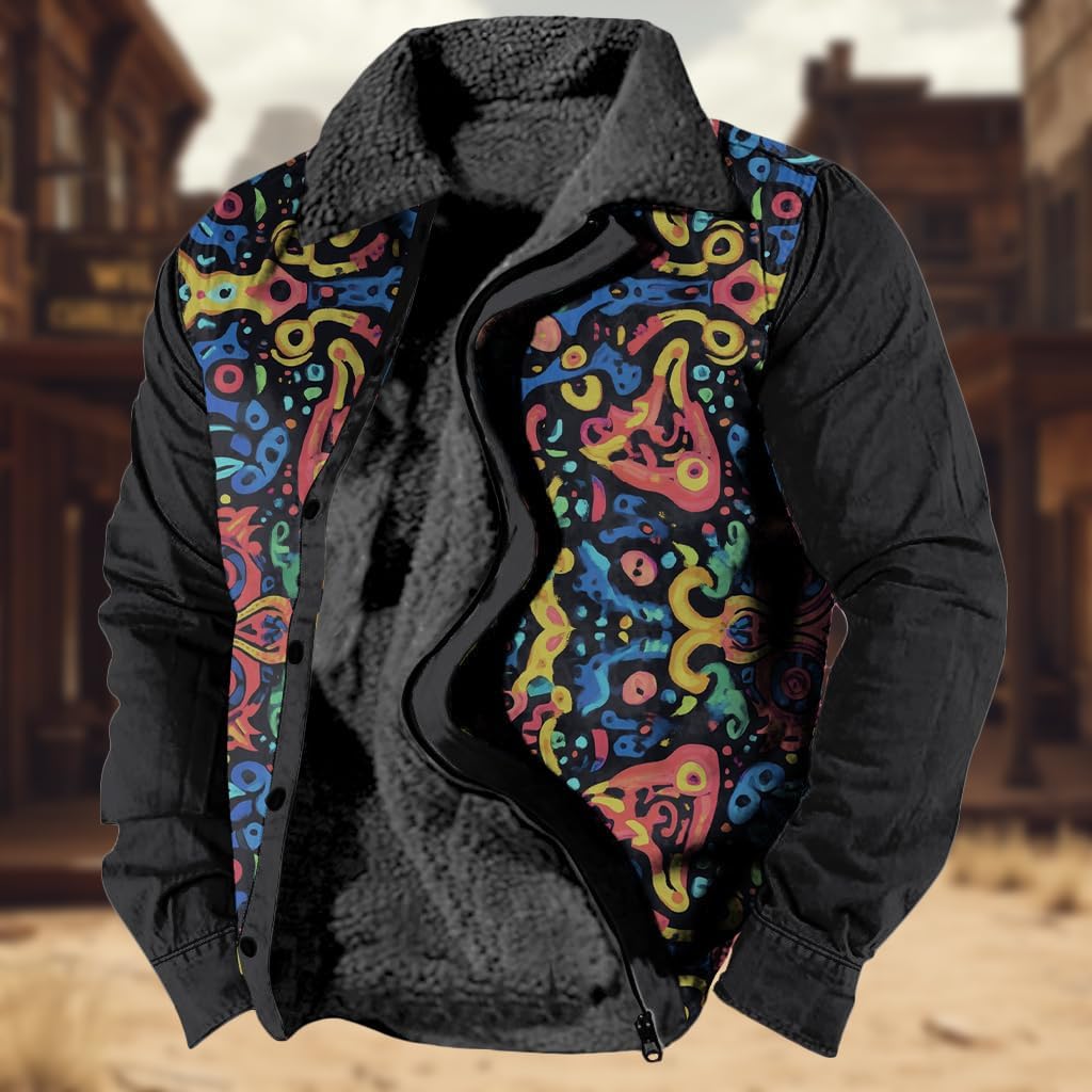 Men's Western Aztec Jackets Vintage Print Cowboy Country Warm Sherpa Jacket for Men Fleece Zipper Winter Coats - Image 2