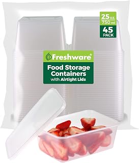 Freshware [45 Pack, 25 oz Plastic Deli Food Storage Soup Containers With Airtight Lids, Slime Containers, Freezer Safe | Meal Prep | Stackable | Leakproof | BPA Free, Clear