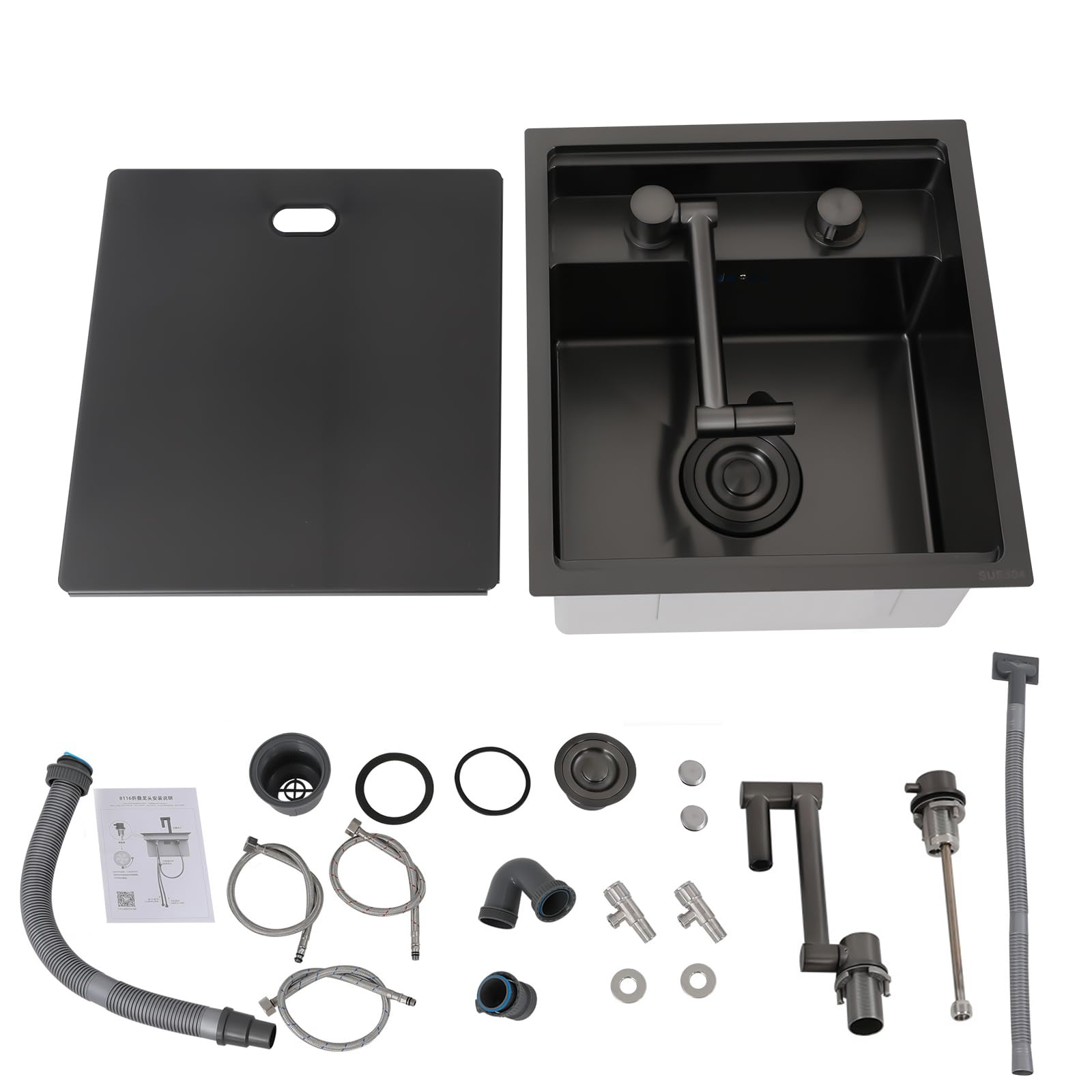 Fregadero de cocina para subplano, 39 x 43 x 23 cm, lavabo invisible que ahorra espacio con tapa, fregadero de acero inoxidable con grifo plegable, 1 bandeja empotrable, para bar, caravana