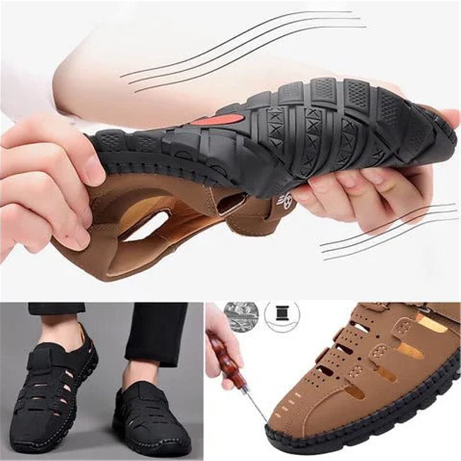 Sandalias Huecas de Cuero Elegantes, Zapatillas para Hombre, Chanclas, Sandalias de Playa de Cuero con Punta Cerrada para Hombre