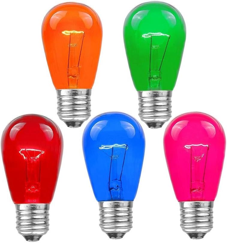 Novelty Lights 25 Pack S14 Outdoor Patio Edison Replacement Bulbs, E27 Medium Base, Multi, 11 Watt