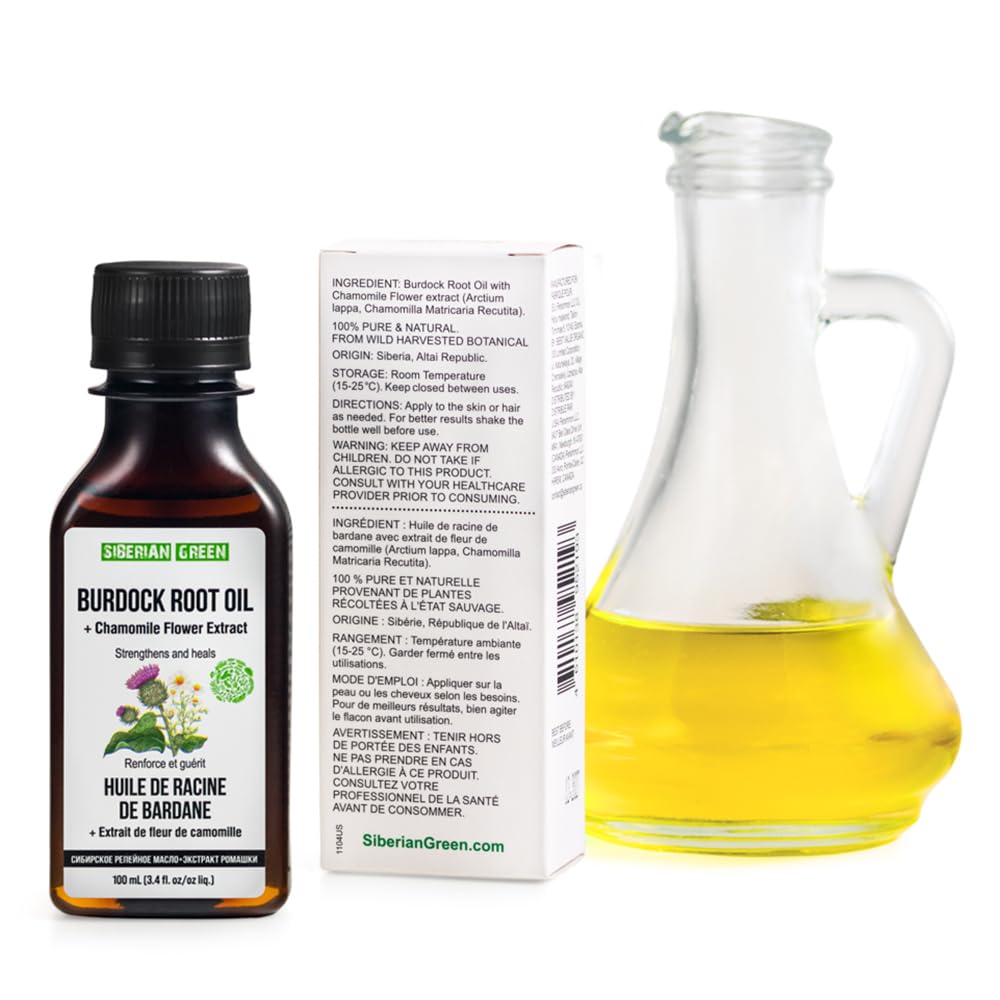 Siberian Green Burdock Oil with Chamomile Extract – 100ml Burdock Root Oil for Hair Growth, Hair Thinning and Loss – Pure and Natural Siberian Herbs – Strengthening and Healing Hair Care