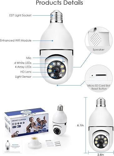 Miniatura 7 de Cámaras de seguridad inalámbricas para exteriores, bombilla panorámica/inclinable, 360° panorámica FHD 1080P Wi-Fi cámara de seguridad para