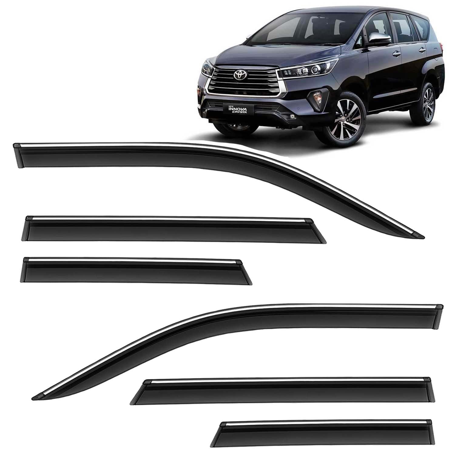 KINGSWAY Accessories Chrome Lining Door Visor Only Compatible with Toyota Innova Crysta Year 2021 Onwards All Model, Premium Unbreakable Car Rain Guard Side Rear Wind Deflectors, Set of 6 Pcs