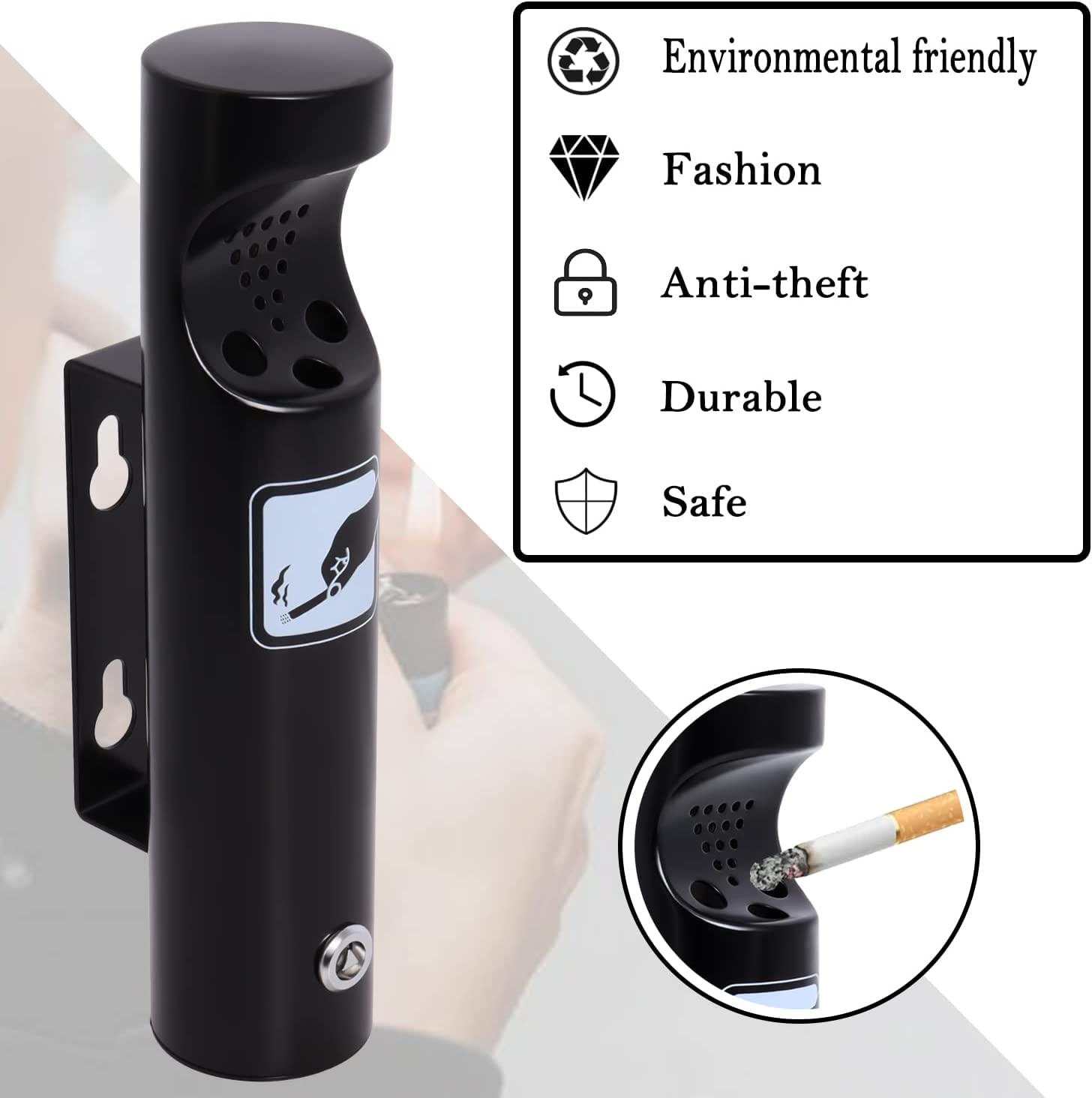 Cenicero Pared Exterior en Acero Inoxidable para Restaurantes Oficinas y Hoteles con Cerradura Poweka, 28.5cm x 9cm (Negro)