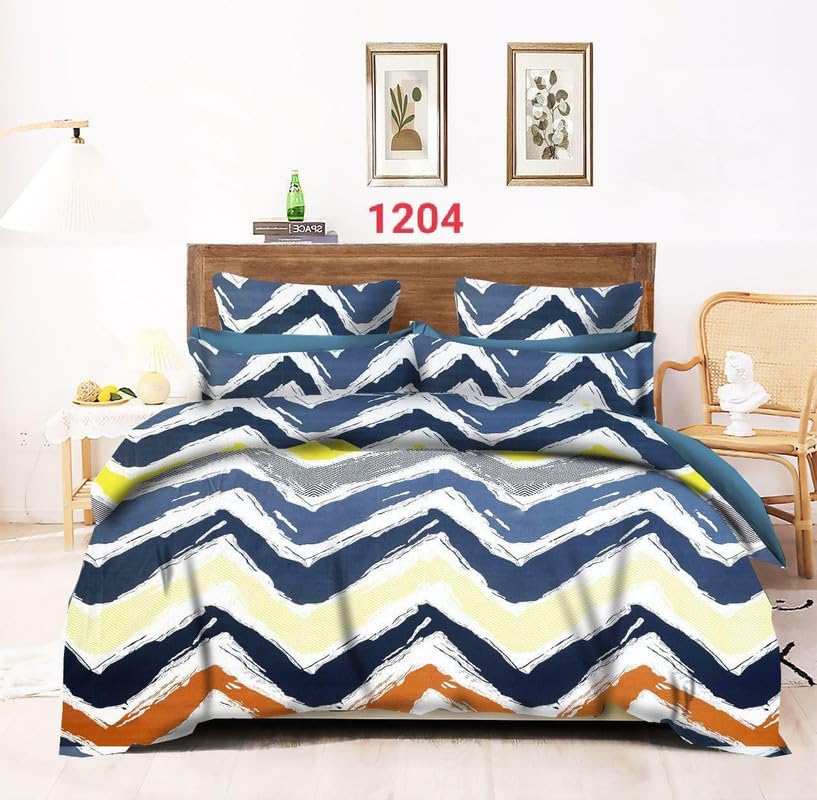 Image of Jashan Premium Cotton Fitted Bedsheets with 2 Pillow Covers for King Bed | 200-220 TC | Size 78x72+10 Inches | Blue Yellow | Soft, Durable, All-Around Elastic Modern Collections