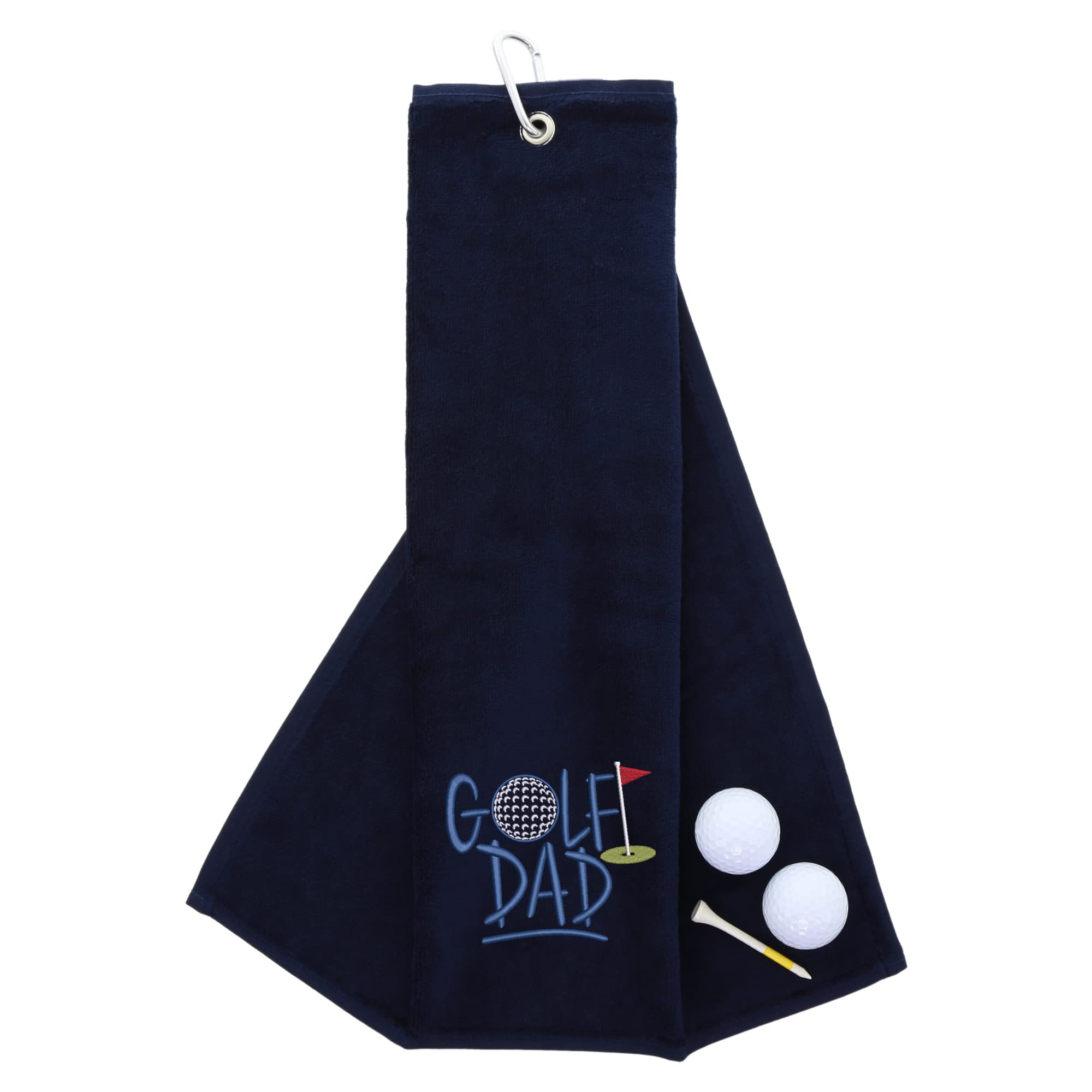 aztex Tri-Fold Golf Towel with Novelty 'Golf Dad' Embroidery, Metal Carabiner Clip, Cotton Velour, 590gsm, Navy