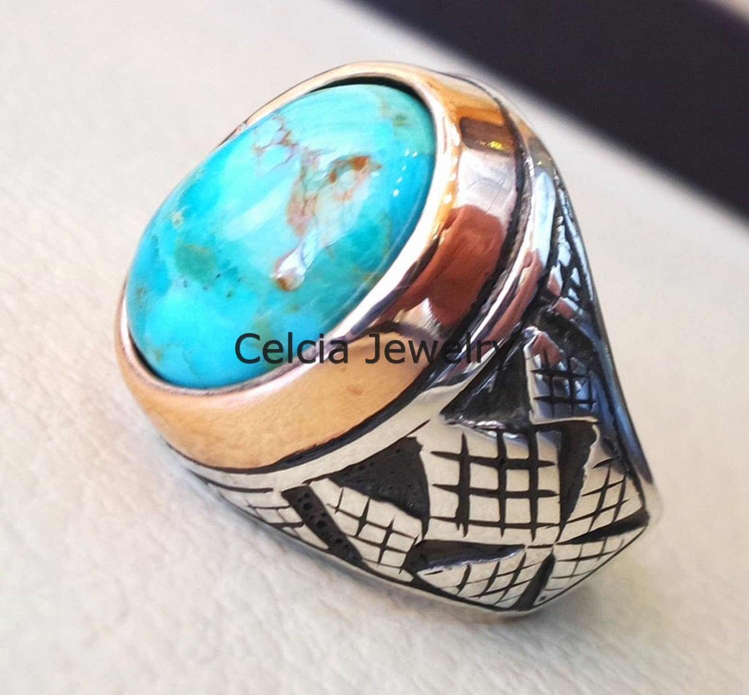 Anello ovale cabochon con pietra preziosa blu turchese dell'Arizona, anello semi prezioso in stile mediorientale, regali per la festa del papà, anello bicolore ossidato in argento (turchese Arizona)