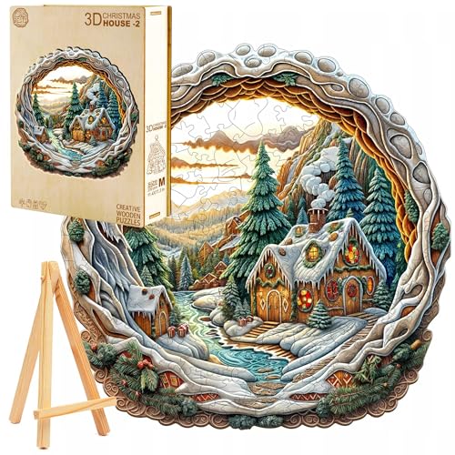 PASJO Puzzle en bois 3D 280 pièces Village de Noël d'hiver avec mini chevalet en bois Boîte en bois Puzzle Art Bricolage Amusant Décoration murale Paysage d'hiver